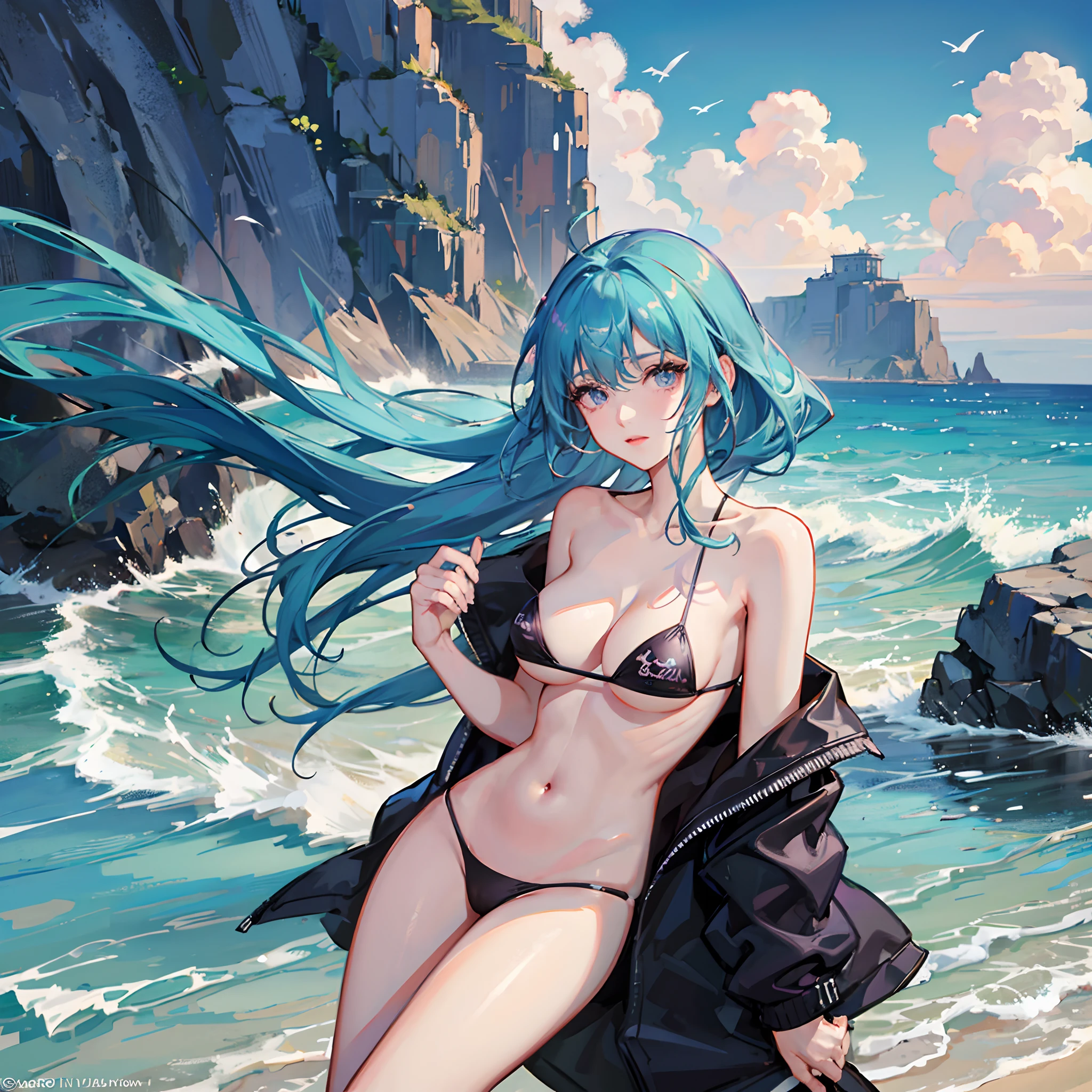 Teal hair color,naked ,big boobs,violet eyes,beach background, 4k wallpaper
