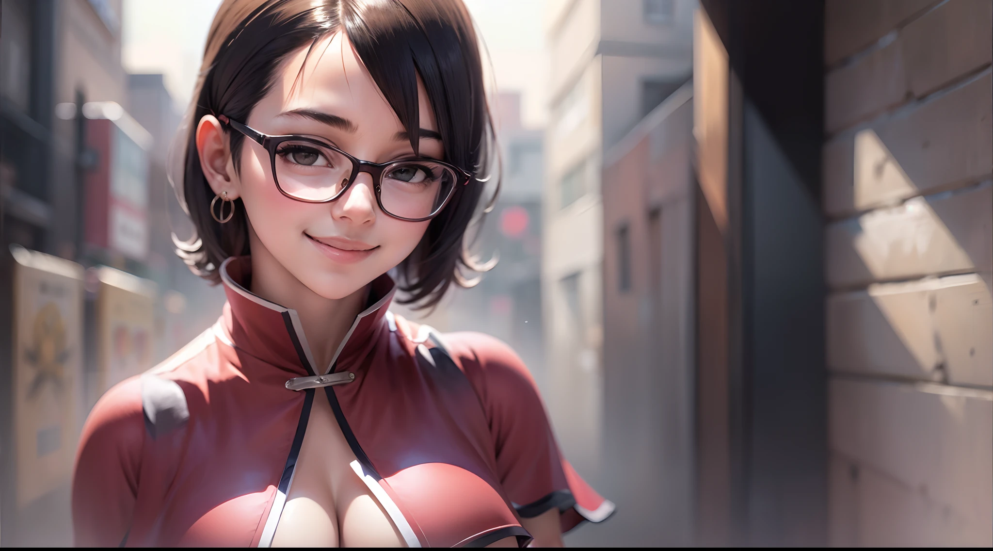 Uchiha Sarada,1girl, solo black eyes, black hair, red framed glasses, short hair, solo, earrings, smile, shy, masterpiece, best quality, looking at viewer, thigh strap. Best quality, masterpiece,
capelet