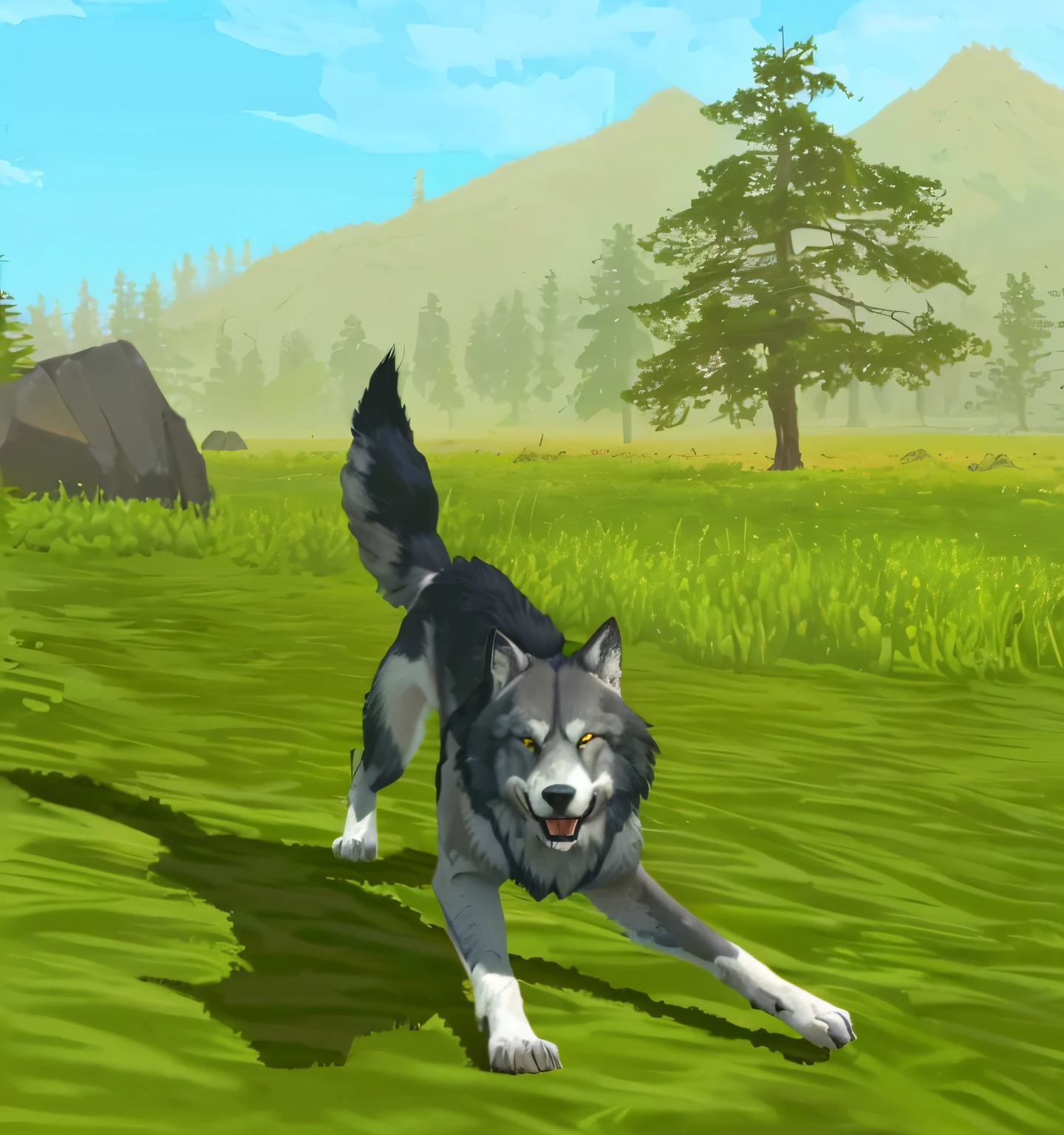 lobo em um campo com uma montanha no fundo, lobo peludo, lobo cinzento escuro, foto de lobo, grande lobo
