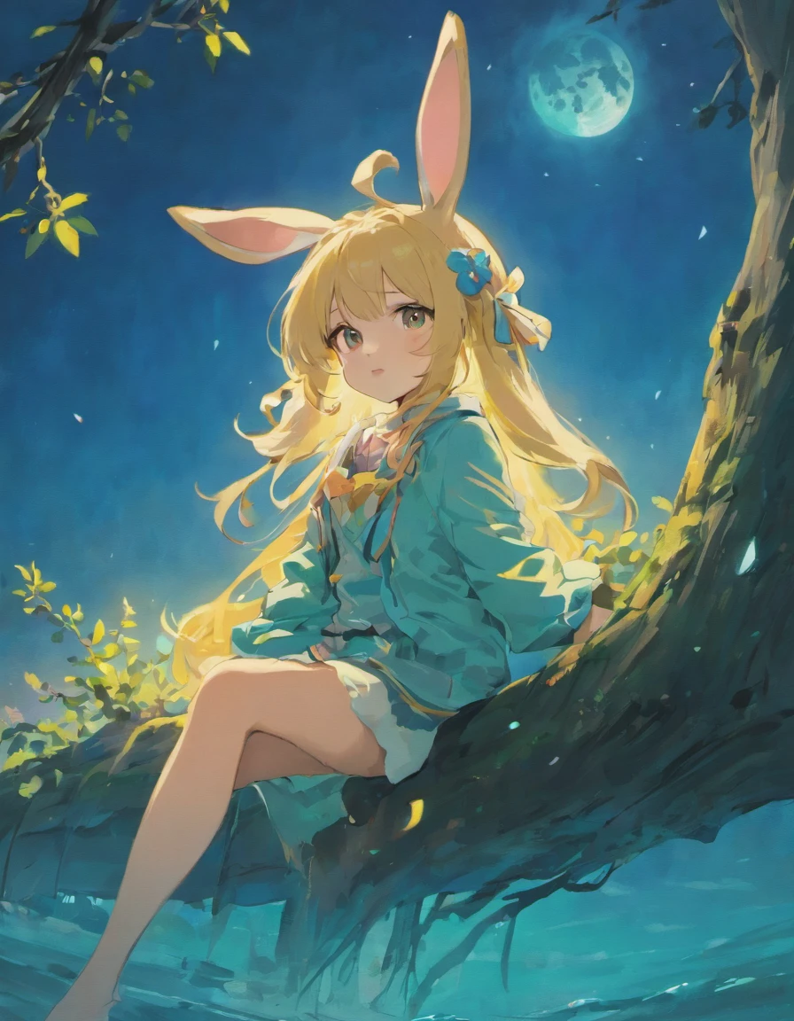 bunny,Sitting on a branch on the surface of the sea,Look at the big moon