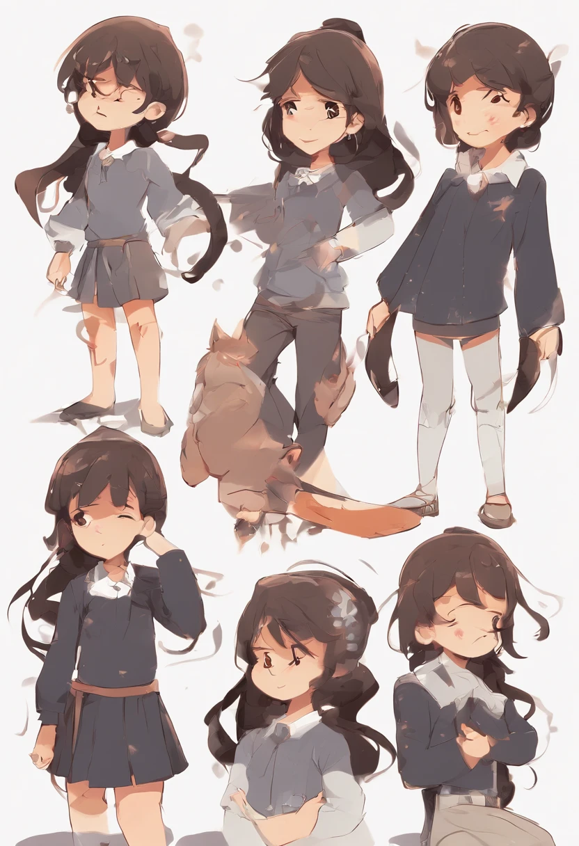 , multiples poses and expressions, corpo inteiro, fundo branco, illustration of children's book, simples, fofa, 6 anos de idade, cor brilhante, cabelo longo preto, pele de oliva, short branco, camisa de manga