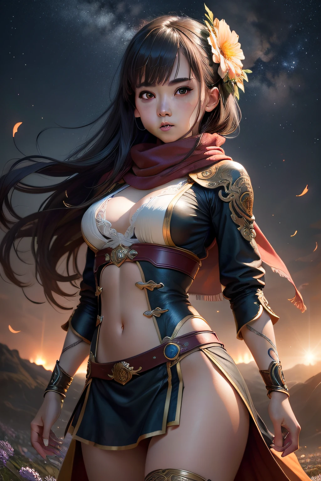 (RAW Photo, Best Quality), (Realistic, Photo Realistic: 1.3), Best Quality, Highly Detailed, Masterpiece, Ultra Detailed, Illustration, 1 Girl, upper_body, Dynamic Angle, Extremely Detailed CG Unified 8k Wallpaper, Ink, Amazing, Movie upper_body, Dynamic Angle, World Mastery Theater, messy_long_hair, Best Quality, Extremely Detailed CG Unified 8k Wallpaper, Ink, Amazing, Movie Lights, lens_flare, dunhuang_style, Detailed Face, Beautiful Rendering of Tang Dynasty, (Deliberate expression: 1. 5), Standing in a flower field, (Looking up at the stars: 1.2), Fireflies, Scarf floating , sony master shot, woman posing for photo in front of tv, inspired by Fei Danxu, brown hair and bangs, hi-res screenshot, nicovideo, normal hands, vivid colors, full face shot of limur tempest, nice studio lighting, vhs screenshot, beautiful fine face