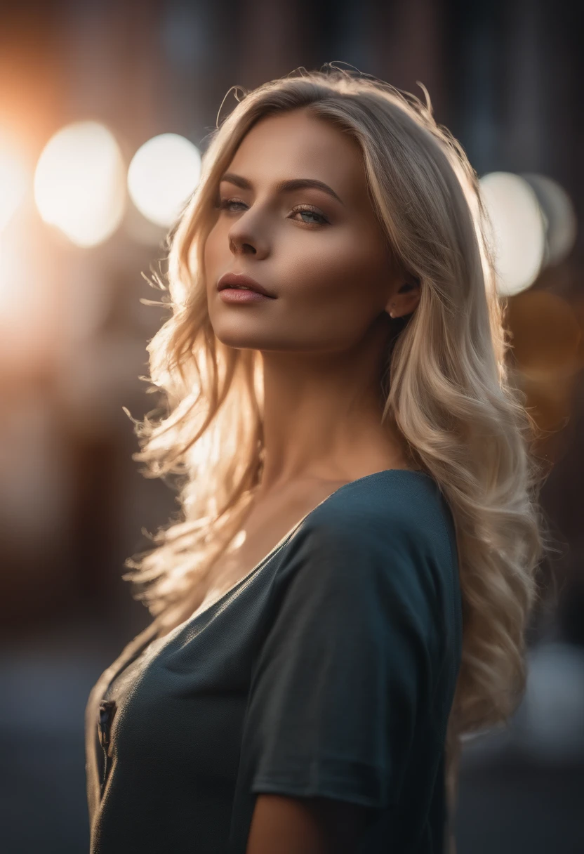 Gorgeous woman with extra long, gewellten blonden Haaren, detaillierte, seductive eyes, langen sexy Beinen, wears a miniskirt, T-Shirt, ((detailed facial features)), (fein detaillierte Haut), blasse haut, realistische Hauttextur, extreme Hautdetails, (Poren: 0,1), in the background beautiful futuristic cyberpunk city, Masterpiece of the best quality, fotorealistisch, hyperrealistisch, detailliert, 8K, HDR, (Weiche Farbe: 1,2), light depth of field, Breites Licht, Hoher Kontrast, Hintergrundbeleuchtung, bloom, Lichtfunkeln, chromatische Aberration, scharfer Fokus, RAW-Farbfoto