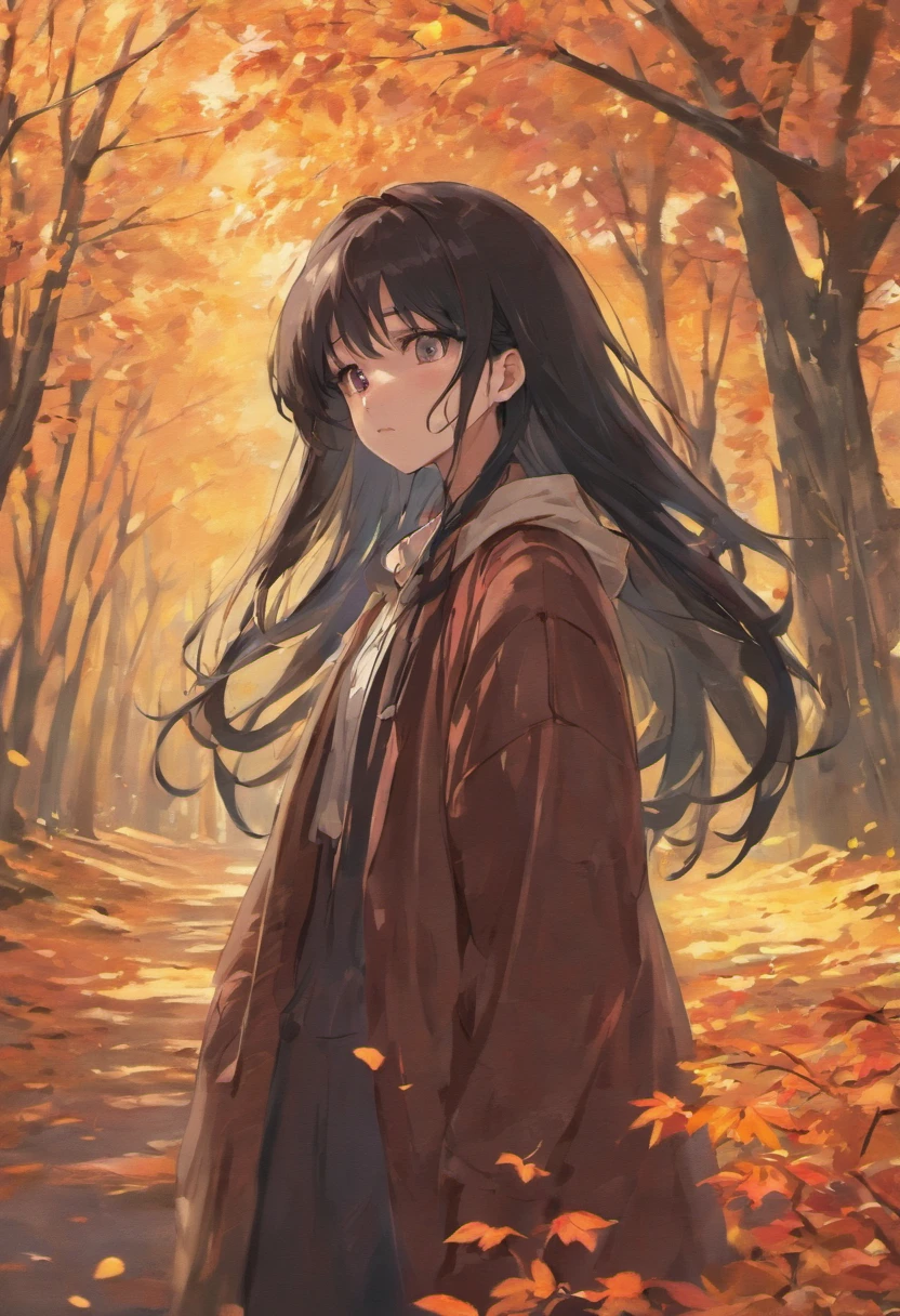 girl，autumnal，in the afternoon，Long black hair，sad