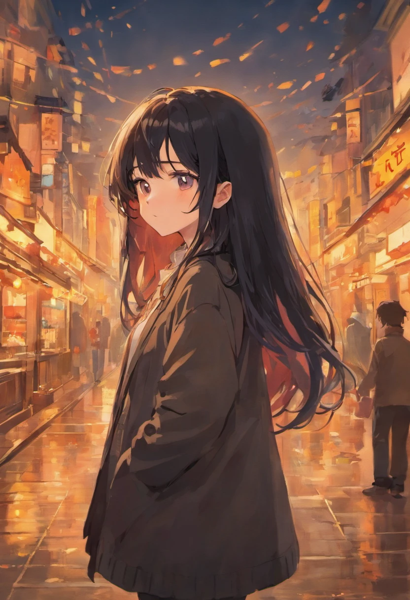 girl，autumnal，in the afternoon，Long black hair，sad