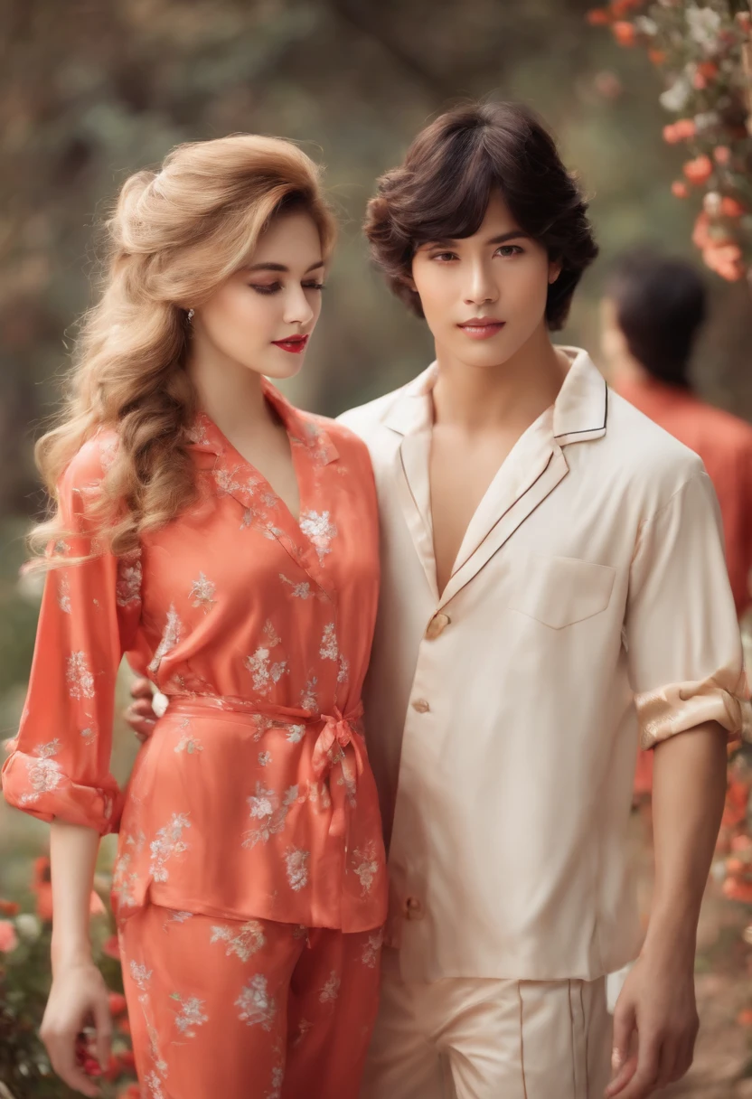 Beautiful woman flirt with young man,1boys、1人,s Pajamas