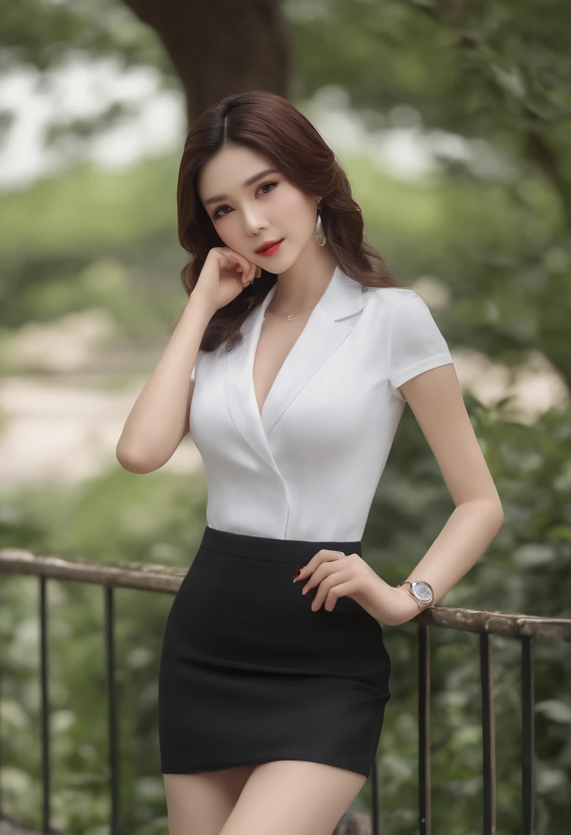 ((Best quality, 8K, Masterpiece :1.3)), Whole body, Sharp focus :1.2, Pretty Women with Perfect Figure :1.4, Slender abs :1.2, ((Dark brown hair, C cups :1.2)), Body dress :1.1, (Suburban landscape, fences :1.1), Highly detailed face and skin texture, Detailed eyes, 二重まぶた, small busts, office lady uniform, Office wear, White T-shirt, , (Black pantyhose), (), Outdoor scene, parks