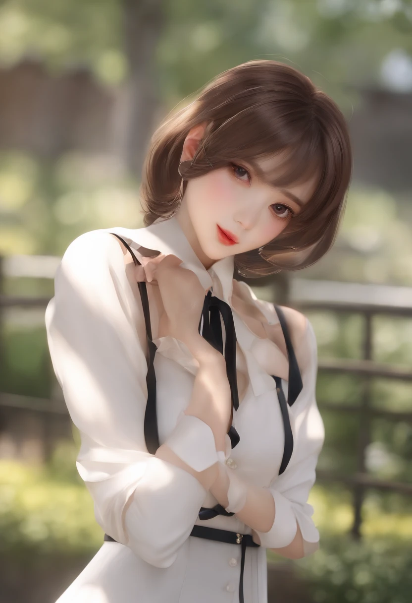 ((Best quality, 8K, Masterpiece :1.3)), Whole body, Sharp focus :1.2, Pretty Women with Perfect Figure :1.4, Slender abs :1.2, ((Dark brown hair, C cups :1.2)), Body dress :1.1, (Suburban landscape, fences :1.1), Highly detailed face and skin texture, Detailed eyes, 二重まぶた, small busts, office lady uniform, Office wear, White T-shirt, , (Black pantyhose), (), Outdoor scene, parks