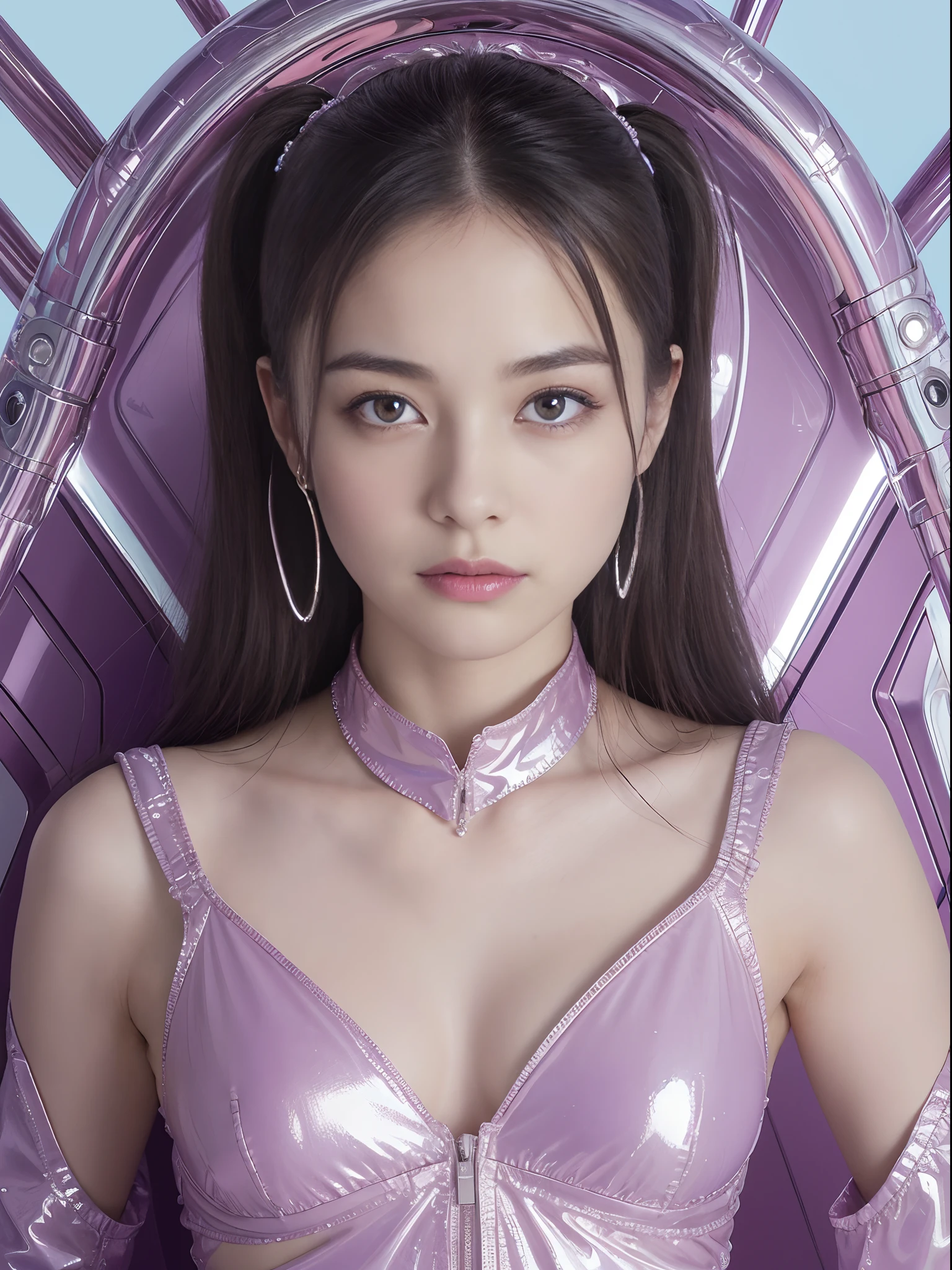 8K、(masuter piece，top Quority，best qualtiy，Beauty and aesthetics：1.2)、(1girll:1.3)、(((colorful lighting)))、(((((Perfectly accurate human body)))))、(((Gaze staring at the photographer)))、((Russian beauty at 15 years old))、(Detailed futuristic cool hair)、(shiny bright silver hair)，(((8 Head Body)))、(((((very thin abdomen)))))、(((Detailed cute beautiful face)))、(((Detailed drooping eyes)))、(((undersized head)))、(((a small face)))、Detailed bright eyes、(((a baby face)))、Detailed skin、thin arm、(((very Bigger breasts)))、(((((Very big hips)))))、(((Very deep background)))、Futuristic art、(Fractal Art:1.2)、(Farbe：1.1)、(florals:1.3)、(Zentangle:1.2), full body Esbian, (Abstract background:1.3), (Shiny skin), (Many colors:1.4), (factor:1.5),(Raw photo:1.2)，Pink Purple Latex Jumpsuit、((Futuristic accessories))，Hollow-On，latex shiny,(tight fitted)，Wearing a very tight suit, chrome bodysuit, (((cyberpunked))), (neons), Futuristic shiny pink purple latex suit、kosmos、intergalactic、seductiv、metalic、butterflys、Fantastical、lovemaking、Sleeveless、Precise hands, Precise fingertips、Precise nails、Very delicate eyelashes、Very delicate eyebrows、Precision fasteners、Mechanically