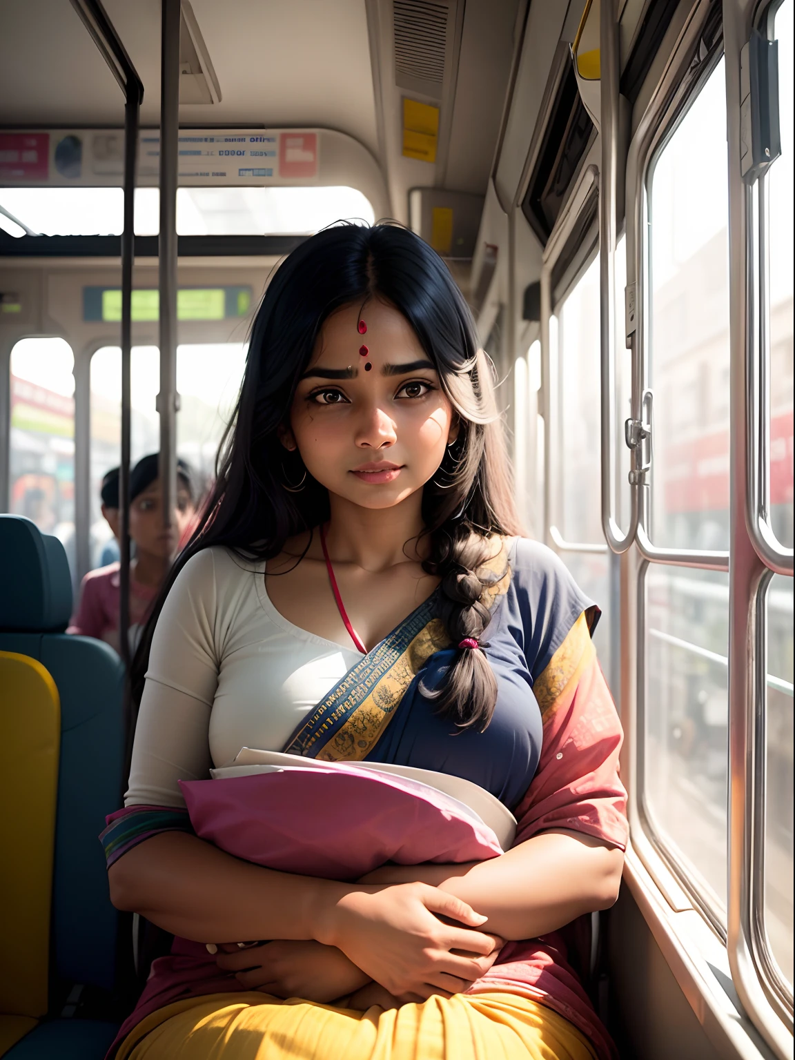 An Indian woman in a full busy bus, happy and her face is glowing and expressing her beauty. The image have a vignette effect in which her face is in focus. Perfect face to body ratio 1.6