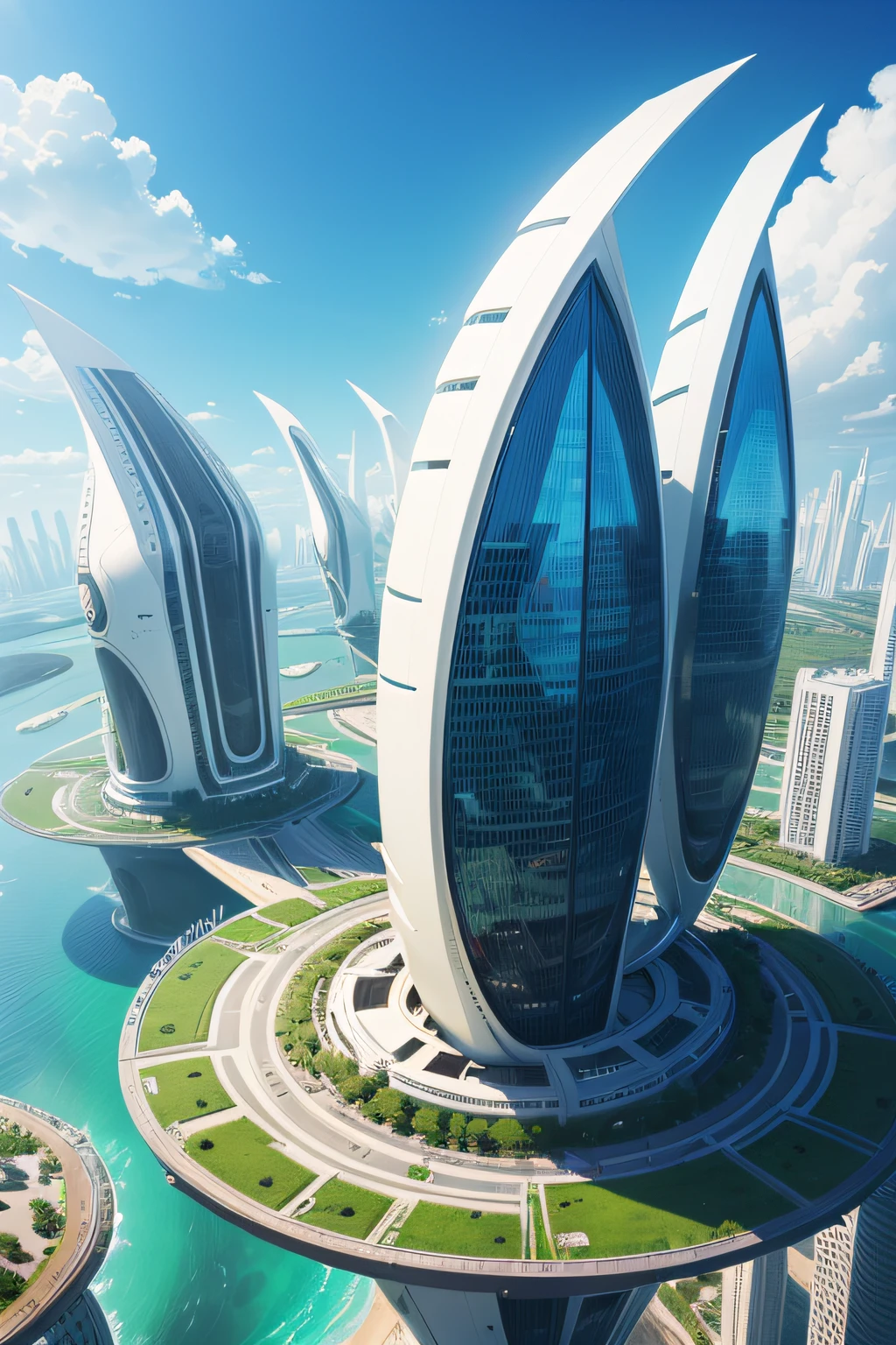 A super technological city with tall, white buildings, in union with nature, very green on top of the buildings, flying cars in the sky in the background, blue skies, View from above, Ultra realista