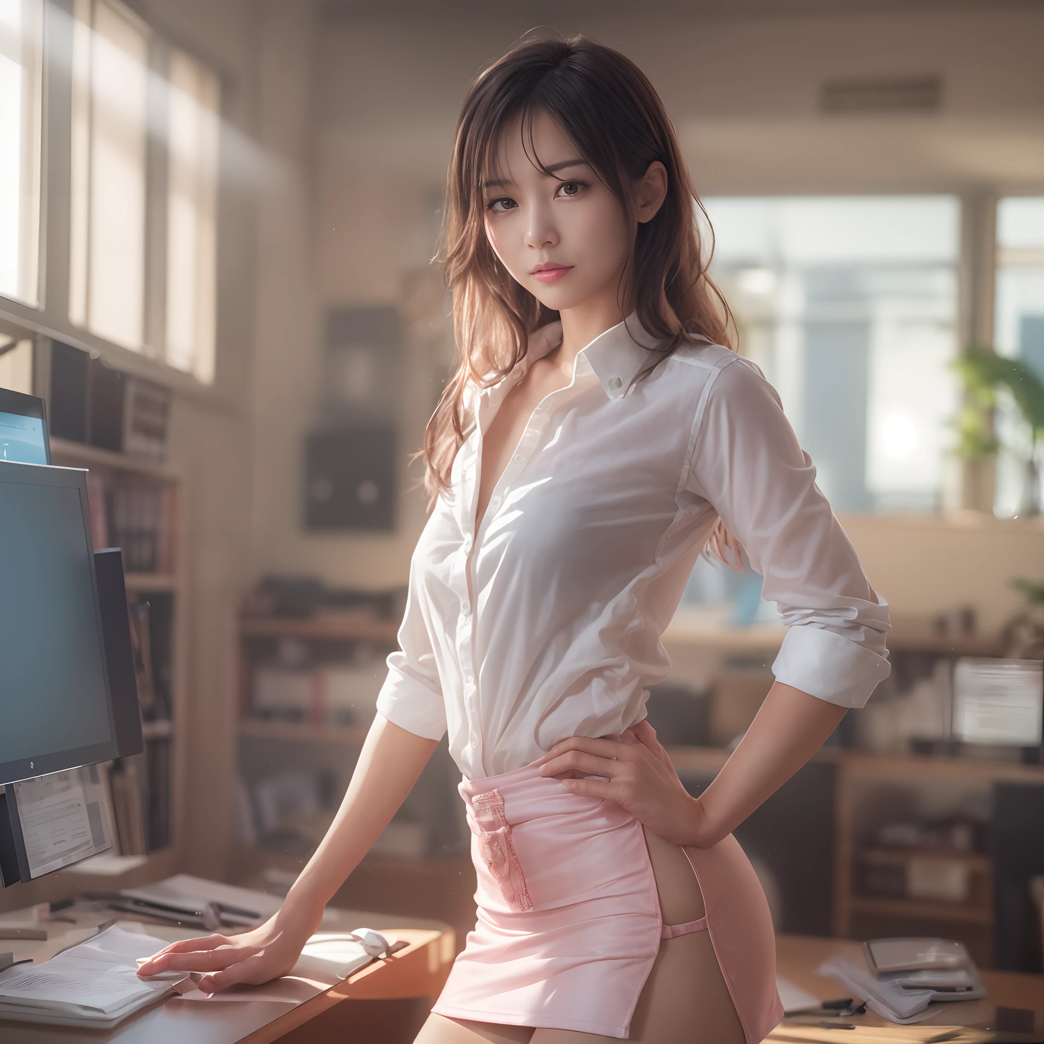 (((nffsw))), (((masutepiece))), (((8K))), (((hight resolution))), (((surrealism))), (((Cinematic lighting))), god rays, Zoom Layer, (((FULL BODYSHOT))), F/4.0, canon, Shiny skin,Detailed skin,Detailed face, Detailed eyes, Japan Idol Office Lady, See-through office shirt, taking off her clothes、Pale pink underwear is visible, Office Sandals,  a miniskirt, Unbuttoned and open white shirt, Open chest