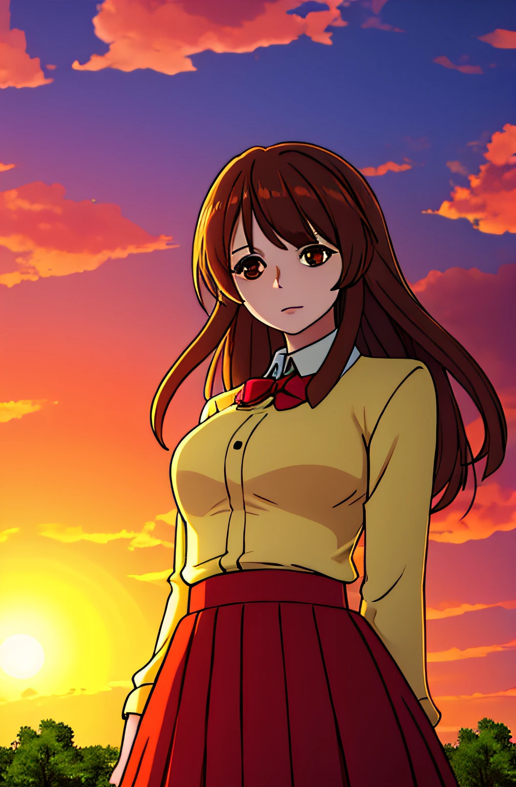 Sally Acorn, 1girl, solo, tree, sky, outdoors, skirt, cloud, brown, hair, sunset, lens, flare, scenery, school, uniform, sun, wind, long, sleeves, animal nose