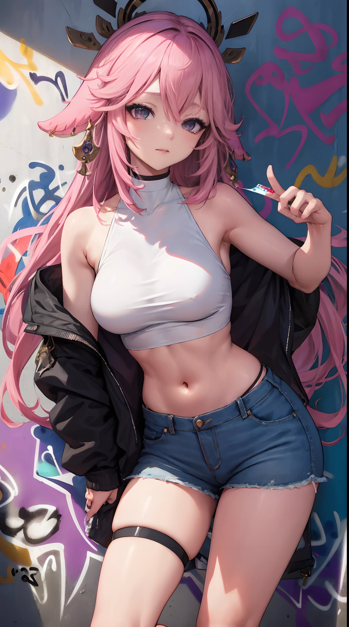 Yae Miko|genshin impact, master-piece, bestquality, 1girls,25 years old, proportional body, elongated legs, proportional., crop top, Long Jeans, mediuml breasts, ,bara, crop top, choker, (Graffiti:1.5), Splash with purple lightning pattern., arm behind back, against wall, View viewers from the front., Thigh strap, Head tilt, bored,