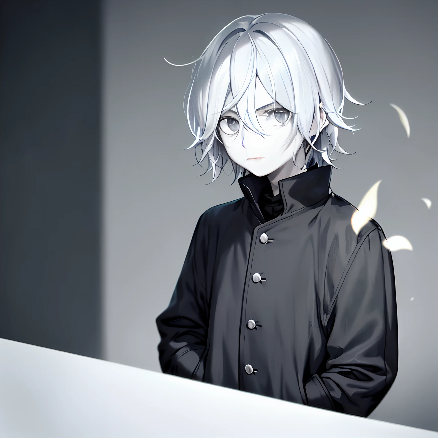 A boy with，Super mourning avatar，Silver hair，closeup of face，(Works of masters)，(Cold)，(dark circles)，(Best image quality)，low-saturation，(messy shortt hair)，(Black and white style)，face expressionless，(Hand in pocket)，Look sideways at the camera，(Dark gray background)，(bblurry )。