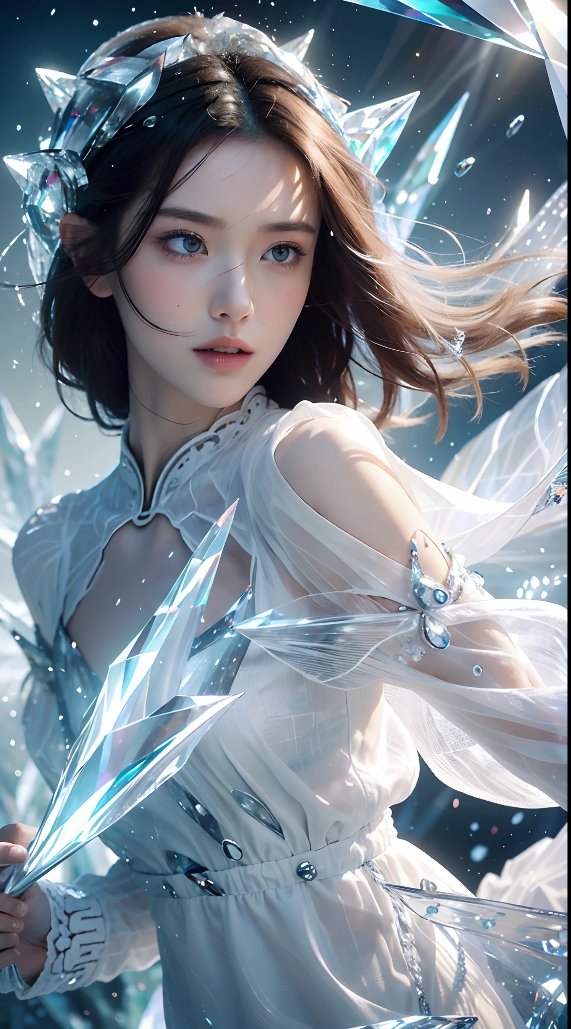 (masterpiece, top quality, best, official art, beautiful and aesthetically pleasing, long exposure: 1.2), smooth movement, charming pattern, 1 girl, (long skirt with sleeves: 1.3), blue dress, upper body close-up , bare shoulders, Chinese girl, freckles, black lob hair, portrait, solo, upper body, watching observer, detailed background, detailed face, (crystallineAI, crystalline theme:1.1), elemental water sprite, spinning water, controlling water, diamond clothes, dynamic poses, floating particles, ethereal dynamics, water, vapor, ocean in the background, blue tones, coast, ethereal atmosphere,