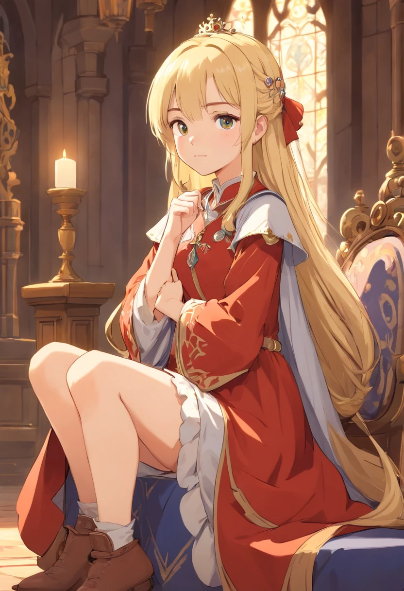 wrc style, beautiful girl, blond, sitting, royal outfit, royal chamber, medieval setting