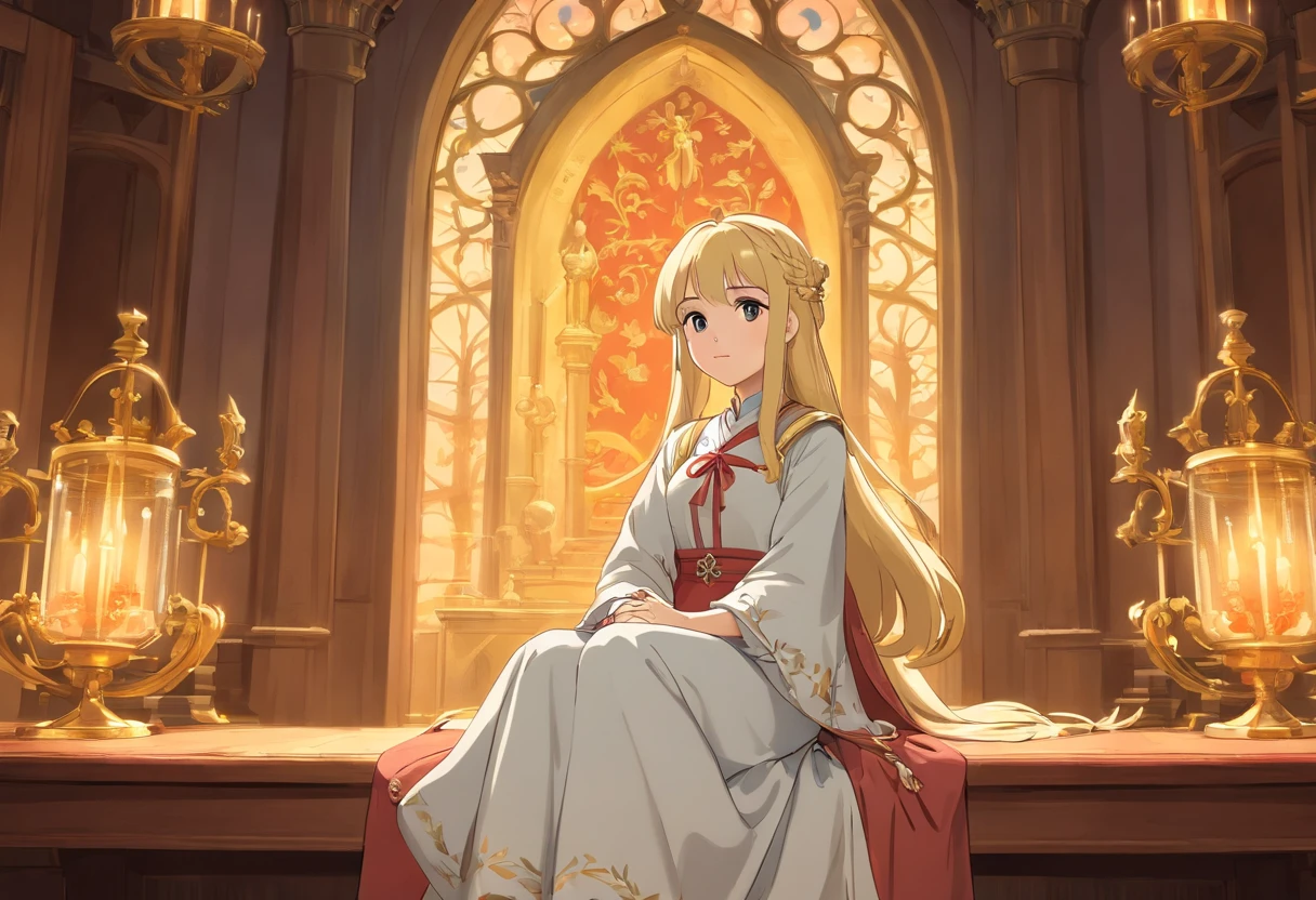 wrc style, beautiful girl, blond, sitting, royal outfit, royal chamber, medieval setting
