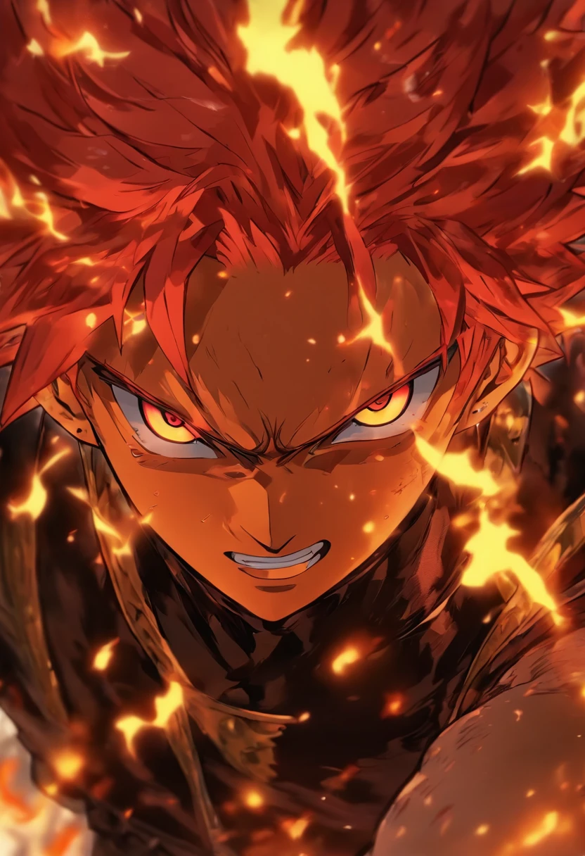 anime character with red hair and red eyes staring at the camera,dynamic pose ,an anime drawing by Shingei, tumblr, shin hanga, roguish smirk, portrait of hisoka hunter hunter, screenshot from black clover, handsome guy in demon slayer art, red - haired anime boy, ichigo kurosaki, kentaro miura art style,usuke murata art style, 8k! Red and black flame
