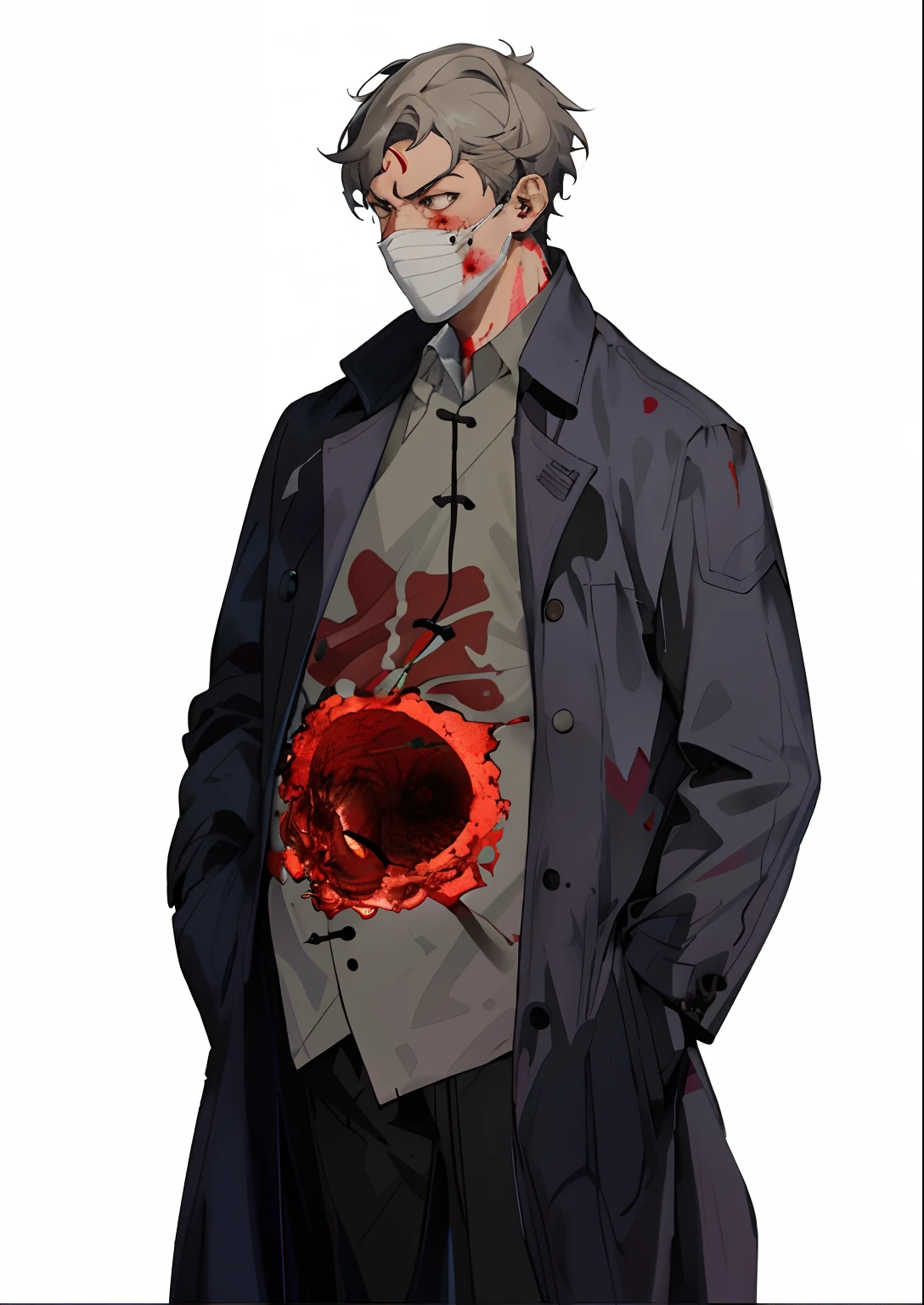 There is a hole in the blood in the stomach,A mask is worn on his face,Anime characters with blood stains on their shirts, (doctor), Full body illustration, shigenori soejima illustration, ( ( concept art of character ) ), Bloody + concept-art, Hannibal, inspired by Ryuzaburo Umehara, offcial art, official character illustration, full-body portraits, official character art, kentaro miura art style