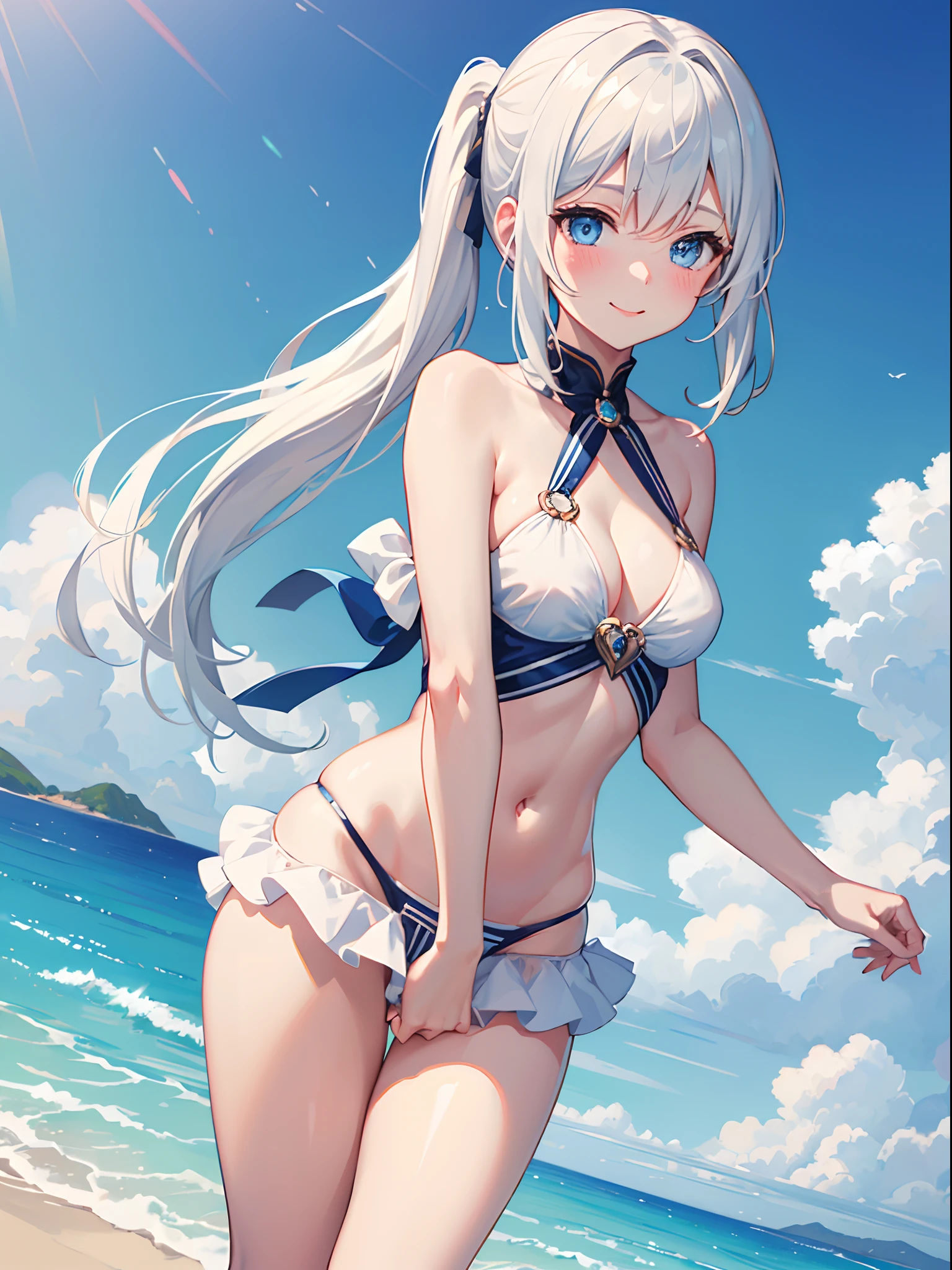 ((4K, ​master piece, Best Quality)), 1girl in, Medium White Hair, Beautiful sky blue eyes, Pony tail, Swimsuit, at noon,  Cute, blush, medium breasts⁩, Smile