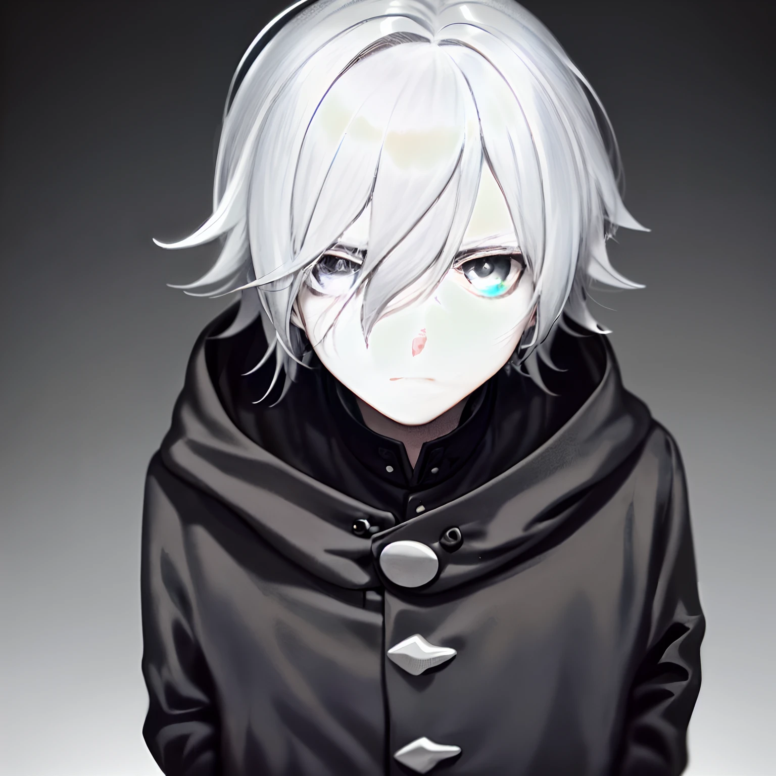 A boy with,Super mourning avatar,Silver hair,closeup of face,(Works of masters),(Cold),(dark circles),(Best image quality),low-saturation,(messy shortt hair),(Black and white style),face expressionless,(Hand in pocket),Look sideways at the camera,(Dark gray background),(bblurry )。