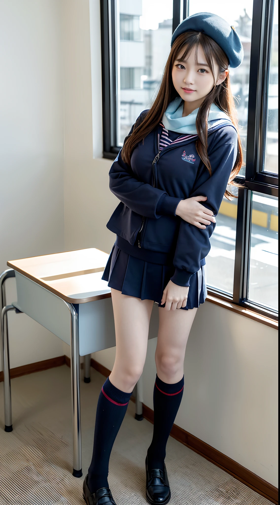 mix4, (16 K, Raw photography, Top image quality, ​masterpiece: 1.45), (realisitic, Photorealsitic: 1.37), one girls, 7．5, etc、Random hairstyle、Standing figure，Daytime、a very cute,Inside the school building,, profetional lighting, photon maping、physically-based renderingt, Gradient dark brown hair,Crisp backgrounds and high resolution, a handsome, Well-groomed and beautiful eyes、Large double eyelids、Very shiny、girl with, (((student clothes、Winter clothes、Sailor suit worn by Japan schoolgirl、Navy blue sailor color、scarf、a miniskirt, Small beret、high socks、lowfers、Frugal bag))), Top Quality Photos, hight resolution, 1080p, (clearface), (Detailed face description), (Detailed hand description), (​masterpiece), (Exquisite CG)、extreme light and shadows、dishevled hair、master work、abundant detail、(Fine facial features)、(top quality photo)、(masuter piece)、(A detailed eye)、Look in front of you、Fine clavicle、((Slender big))、(((Japan schoolgirl in sailor suit)))、((Idle system))、((school classrooms、chalk board、desk and chair、Window side))、(((neat and cute)))、耳Nipple Ring、A big smile、Drawing the whole body from the knees、Do not draw nasolabial folds、(((Long sleeve sailor suit)))、(Big breasts that hang down big:1.2)、Big buttocks with tension、Two arms and two legs、(((from the front side:0.3)))、bare hand、No mask、No skin exposure