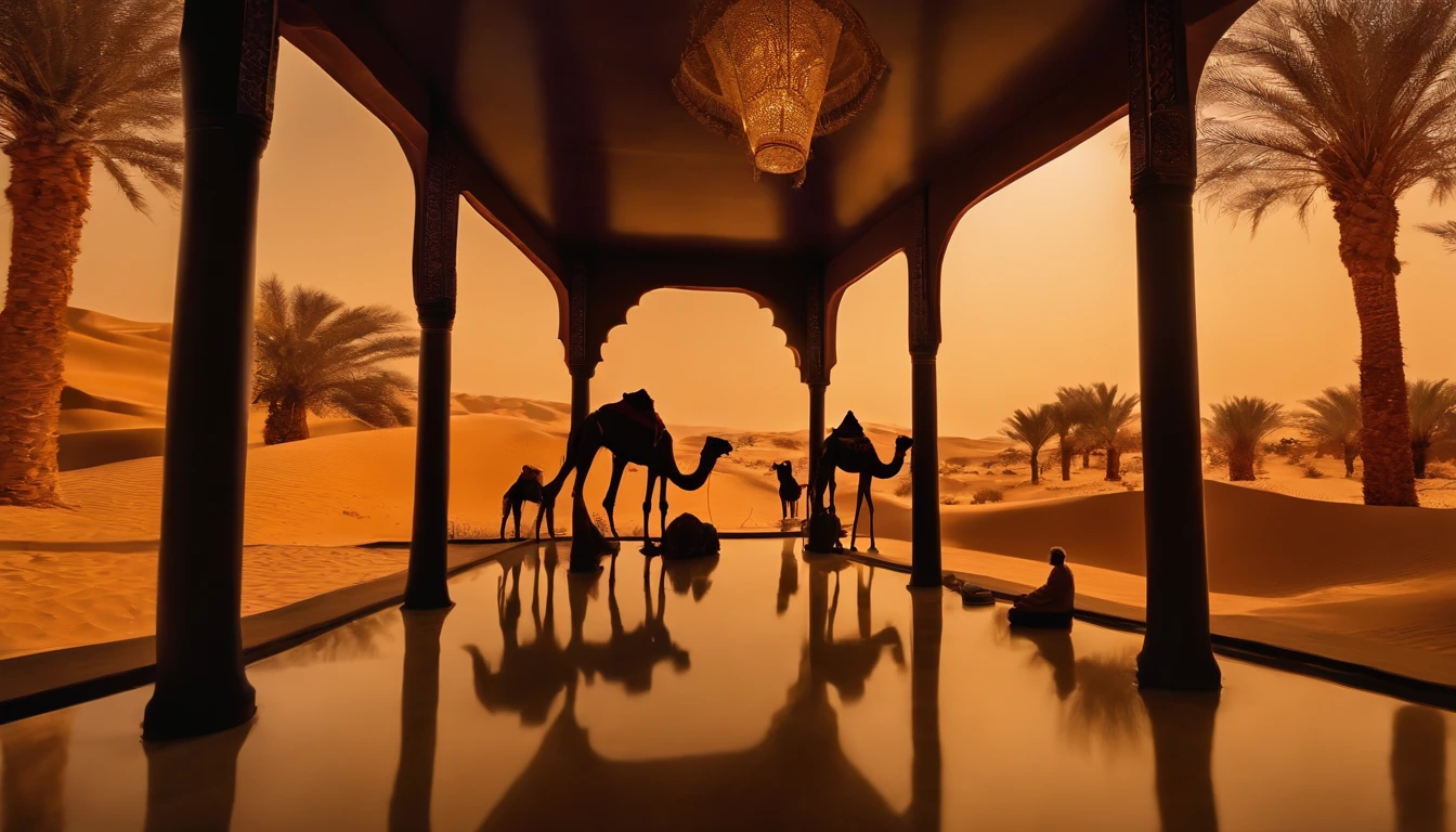 desert with camels projection on walls, borderless, rectangular mirror indoor space, with lights, traditional arabic patterns, rectangular indoor space, all four walls are projections, chill out, desert storm, UAE, the space is cut into an arabic desert, Arabic patterns, oasis with water and trees, exhibition, museum