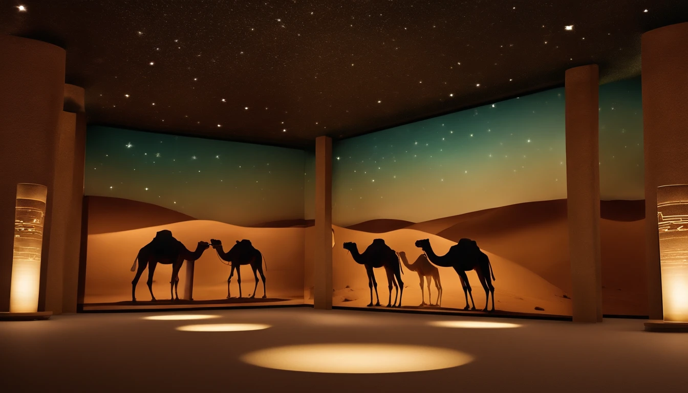 desert with camels projection on walls, borderless, rectangular mirror indoor space, with lights, traditional arabic patterns, rectangular indoor space, all four walls are projections, chill out, desert storm, UAE, the space is cut into an arabic desert, Arabic patterns, oasis with water and trees, exhibition, museum