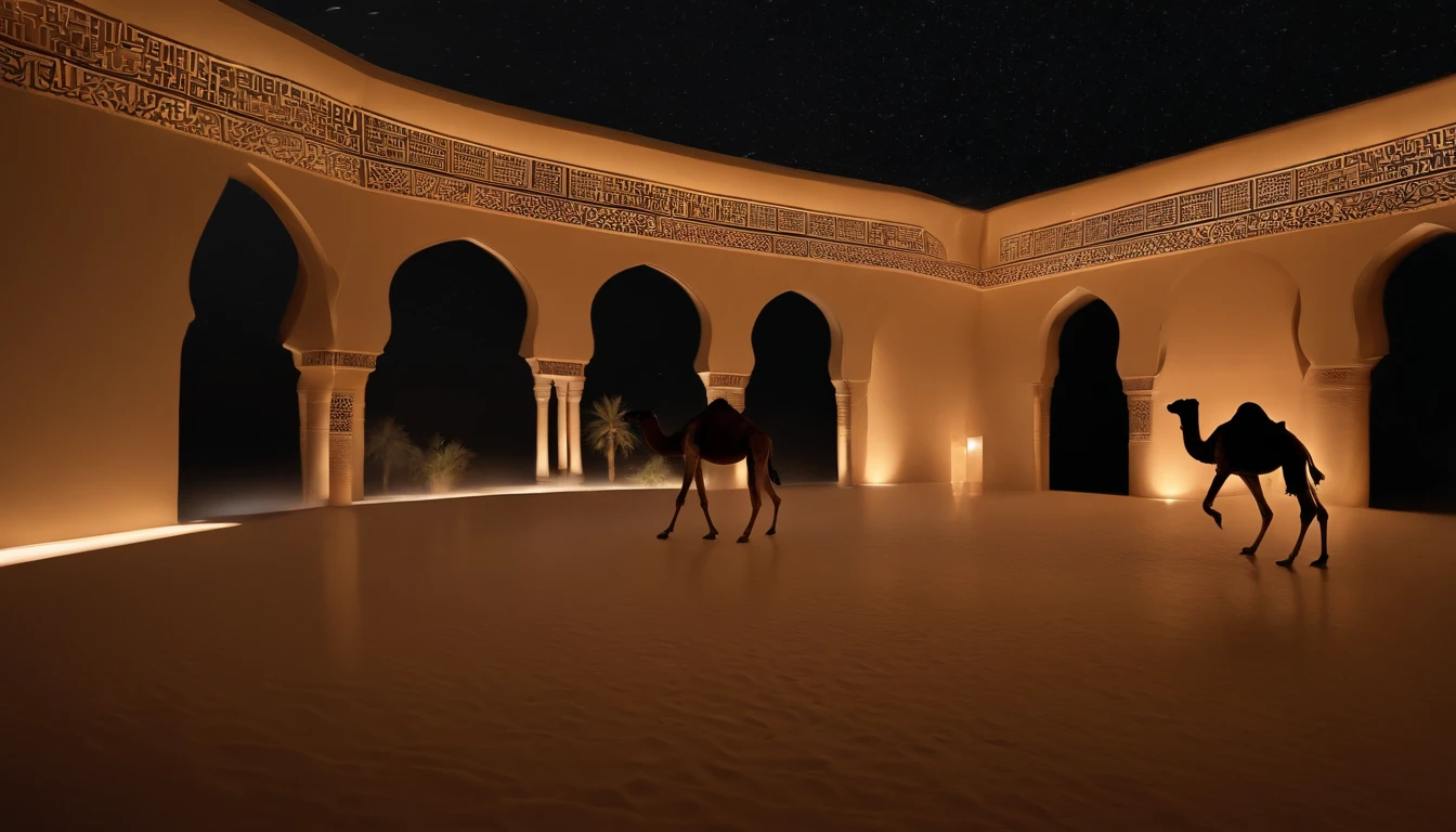 desert with camels projection on walls, borderless, rectangular mirror indoor space, with lights, traditional arabic patterns, rectangular indoor space, all four walls are projections, chill out, desert storm, UAE, the space is cut into an arabic desert, Arabic patterns, oasis with water and trees, exhibition, museum