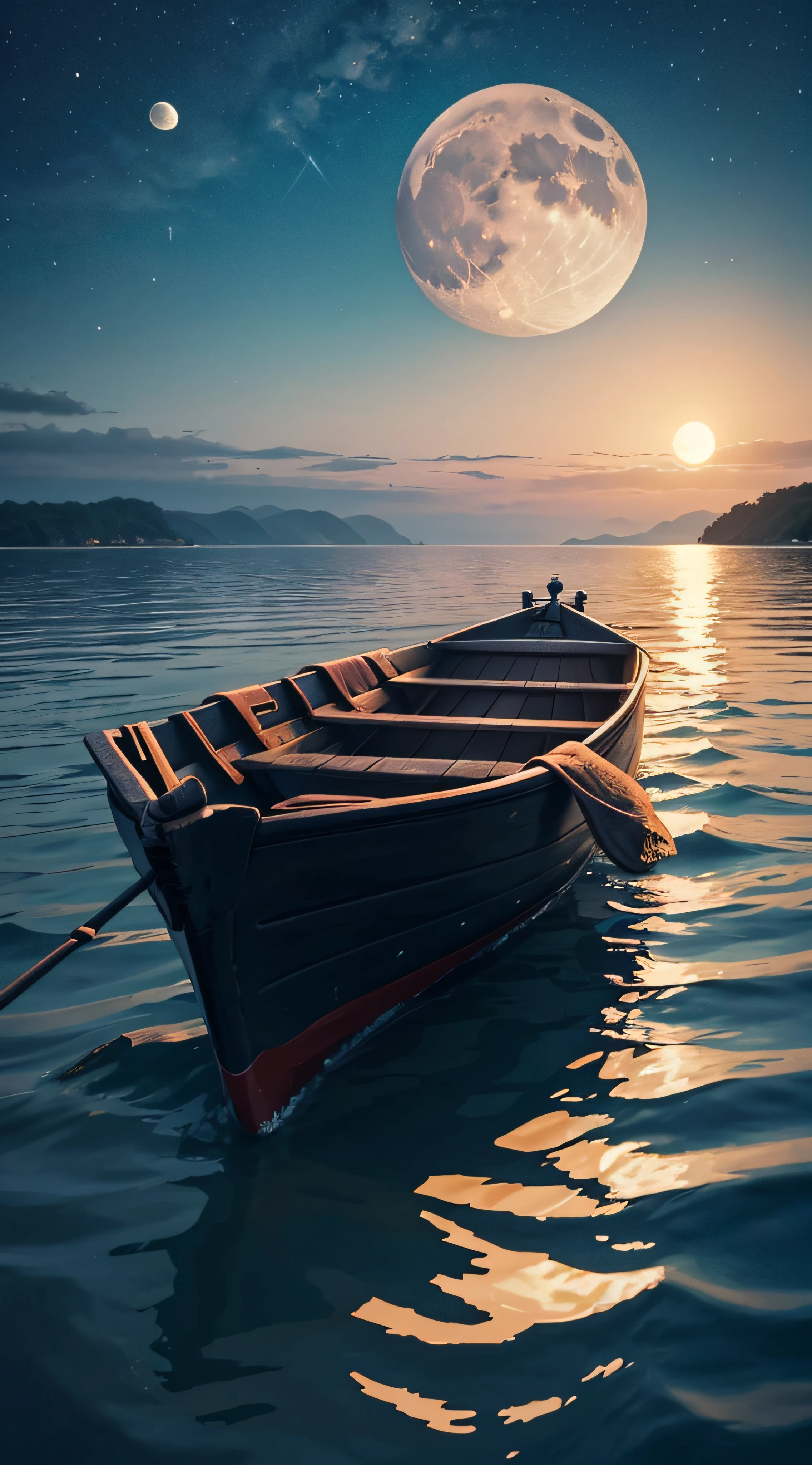 On the calm sea,There is a small boat floating on the water,There is a bright moon in the sky