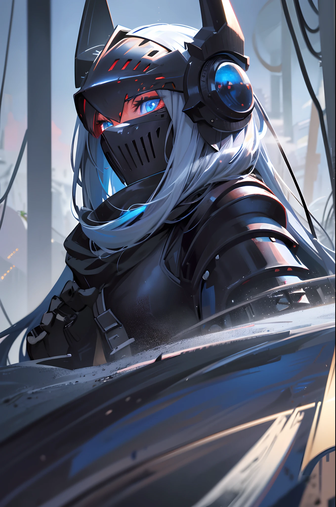 Girl,Dirty long blue hair,Blue eyes,Glowing red iris,exhilarated,Long gray furry ears,Black dirty old armor,Mechanical armor,Black old hooded cloak,Black iron,grey fur,white bandages,A knight's helmet that covers the head,Iron mask,glowing patterns,forest,Misty,Turn the gear,Highlighted in blue,Best quality,4K,8K,A high resolution,Masterpiece:1.2,Ultra-detailed,Realistic:1.37,hdr,hyper HD,Studio lighting,Ultra-fine painting,Sharp focus,Physically-based rendering,Extreme detail description,professional,Vivid colors,Bokeh,sportrait,landscape