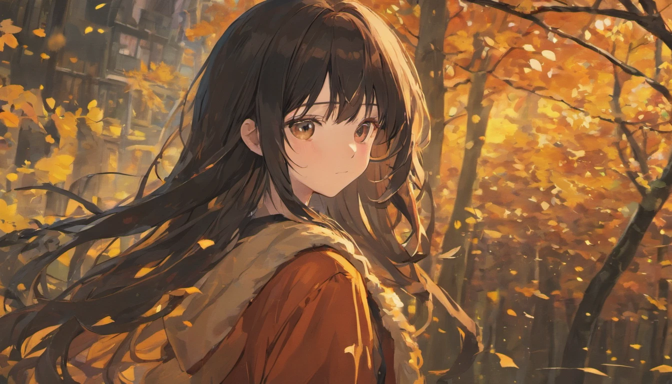 girl,autumnal,in the afternoon,Long black hair,sad