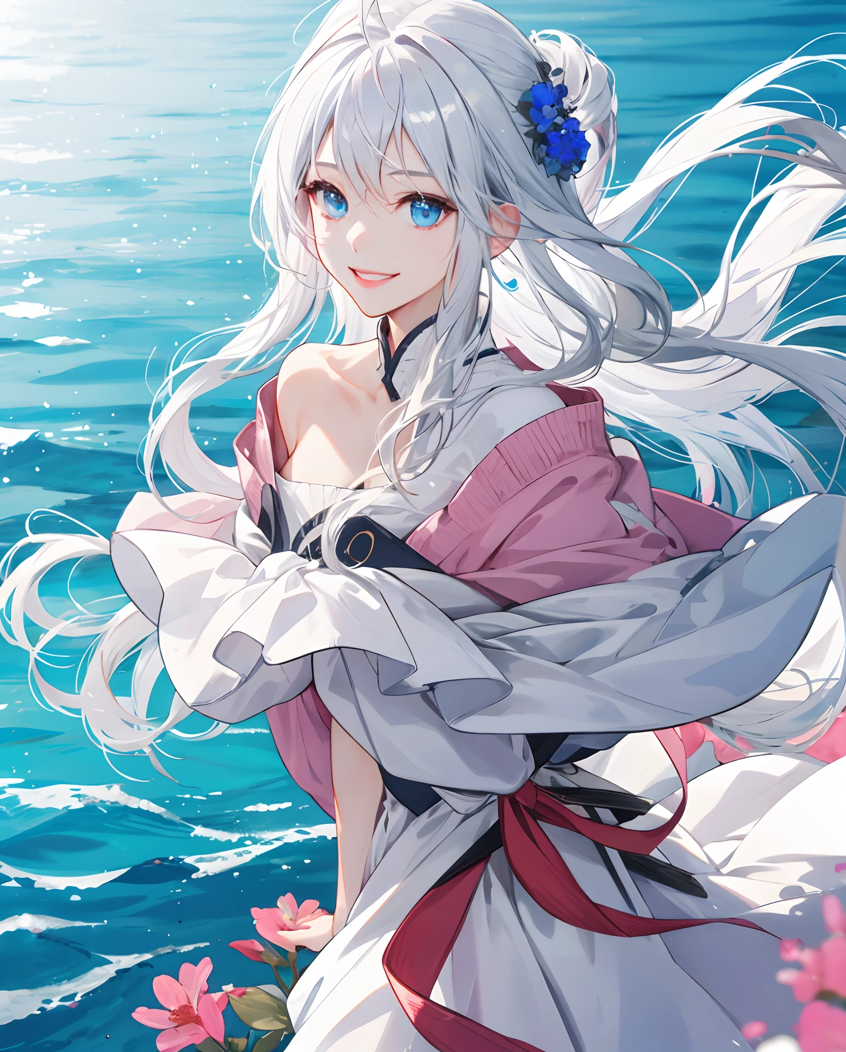 A woman sitting on the dock with a flower in her hand, character portrait inspired by Genshin, pixiv contest winner, tachisme, cute anime gaifu in beautiful clothes, Ayaka Genshin Impact, White Haired God, Anime Vision of Cute Girl, Detailed Key Anime Art, Girl with White Hair, Shadow Universe Style, Exquisite Details. Girl front, more delicate eyes, black eyes, high breasts