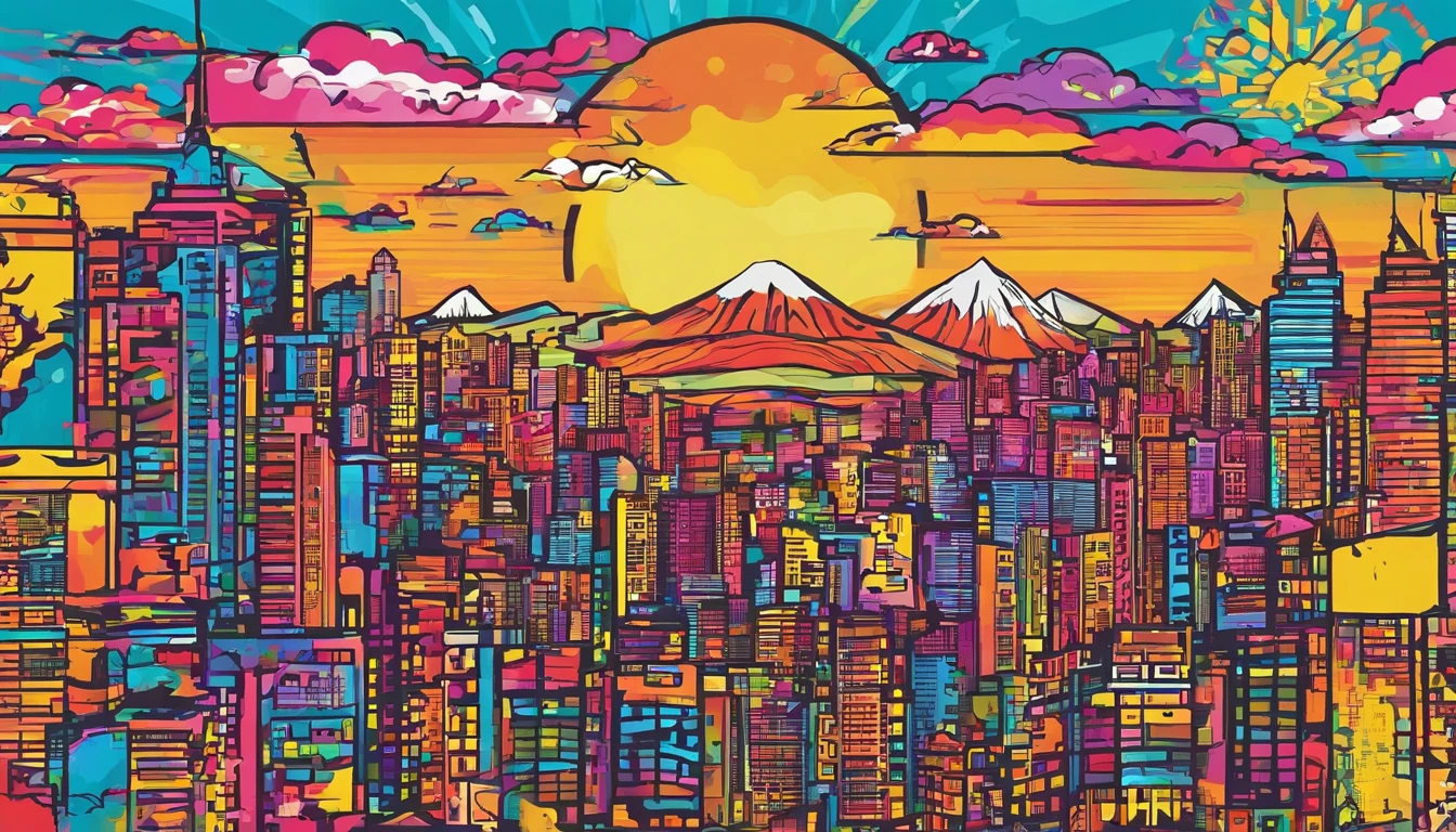 realisitic,A vast city spreads out、The sun rises over the skyscraper army、The morning sun is beautiful、Horizon,composed々The sky is getting brighter、Huge autumn clouds、Vibrant colors、Silhouette of a girl looking from a distant mountain top