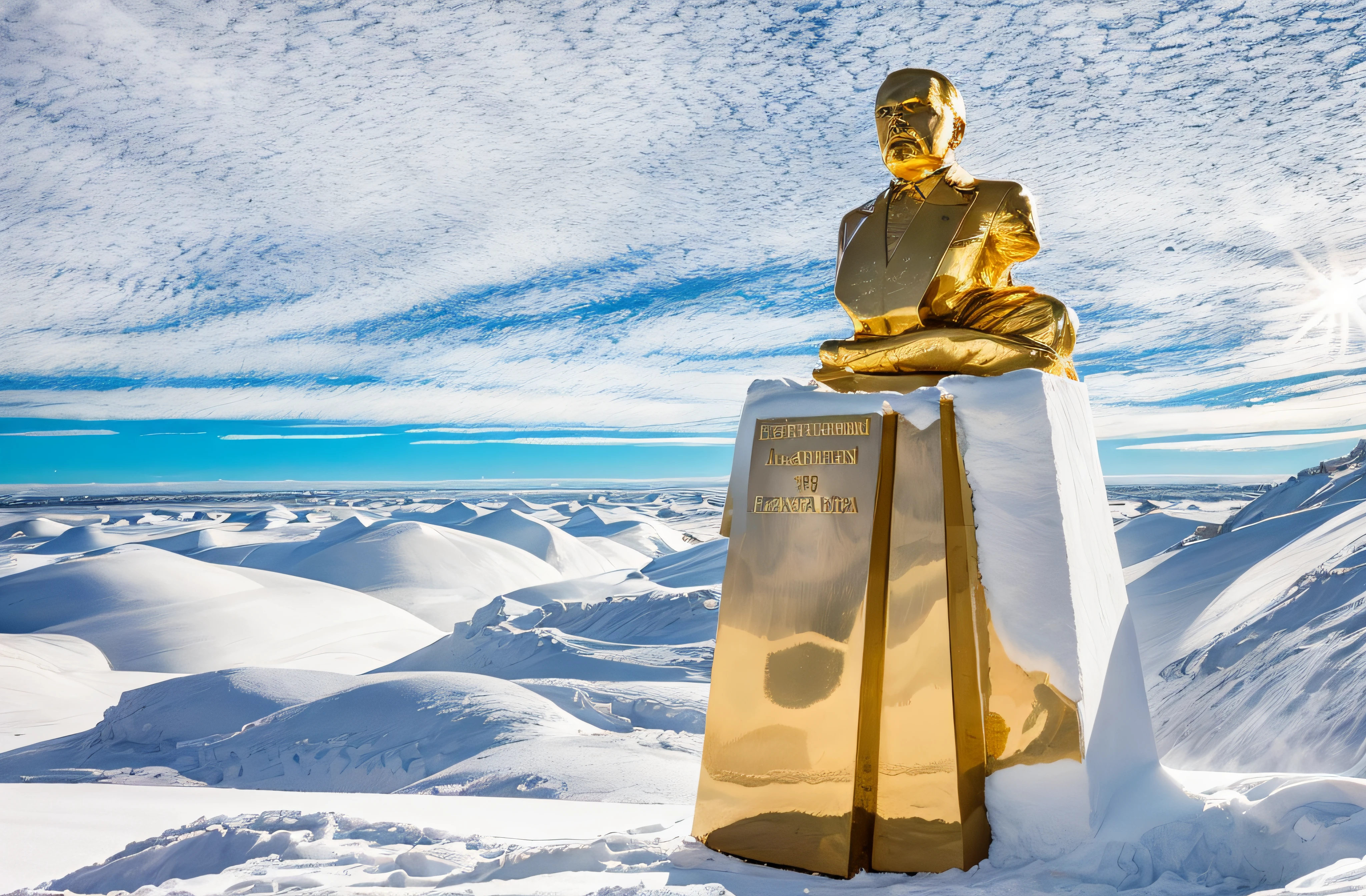lenin's statue made of solid 24 carat gold, glistening in the polar sunlight