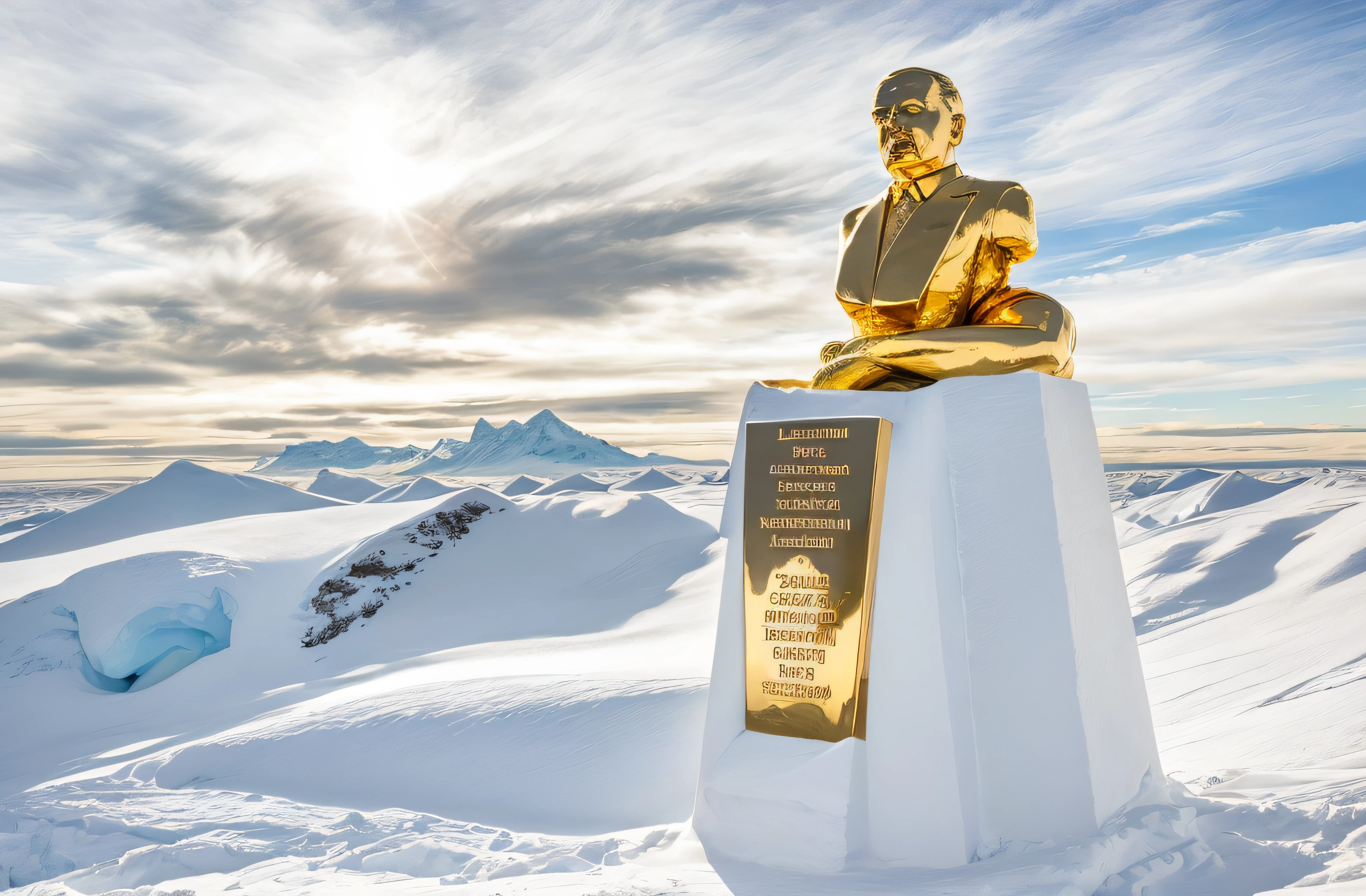 lenin's statue made of solid 24 carat gold, glistening in the polar sunlight