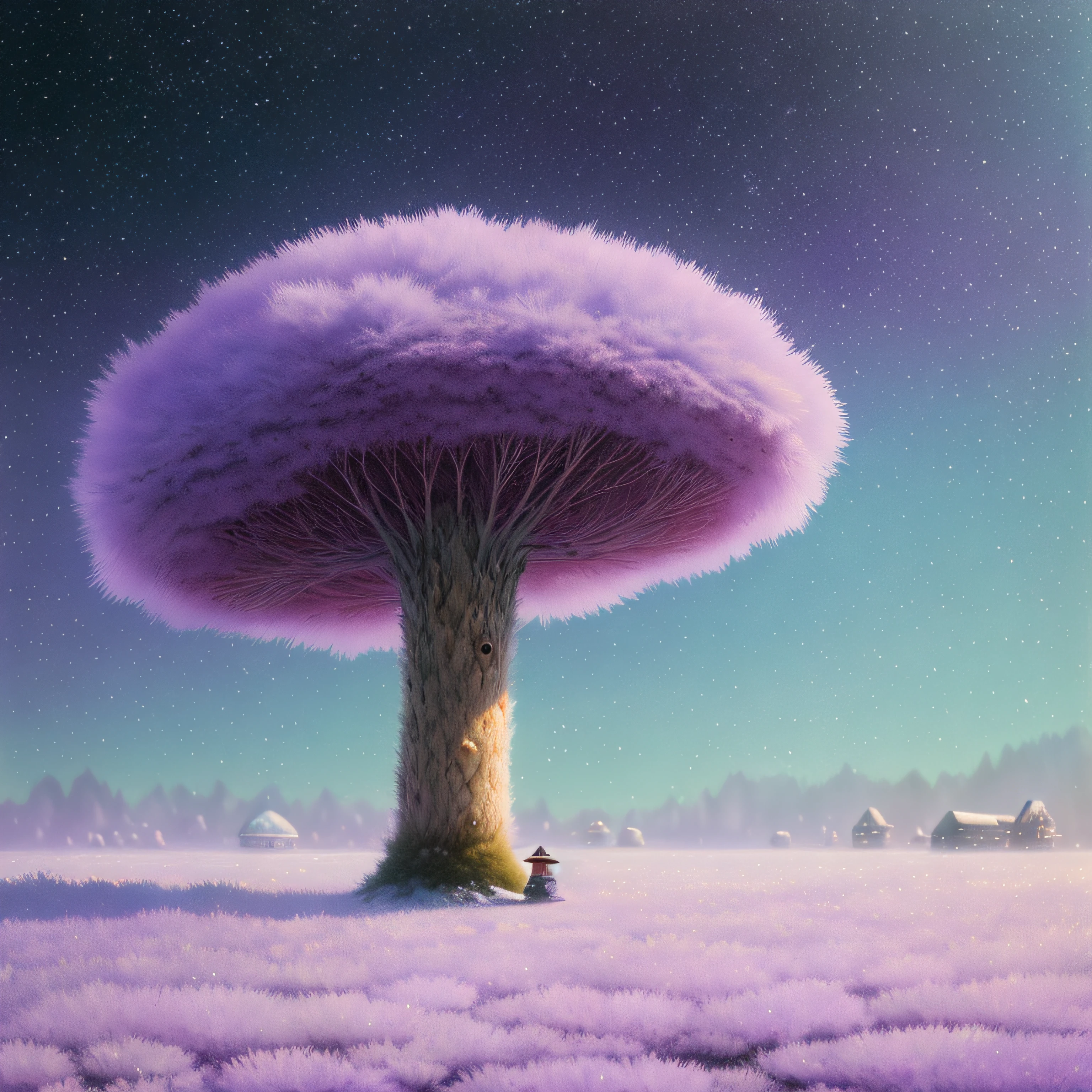 Oil painting of cozy vintage little cute fungus, On an ice planet, in a. Lavender Haze, Weta Digital의 Octane Render, Exotic colorful pastels, Ray Tracing Lighting & Reflection by Yoji shinkawa, Pale purple fluffy furry strolling around