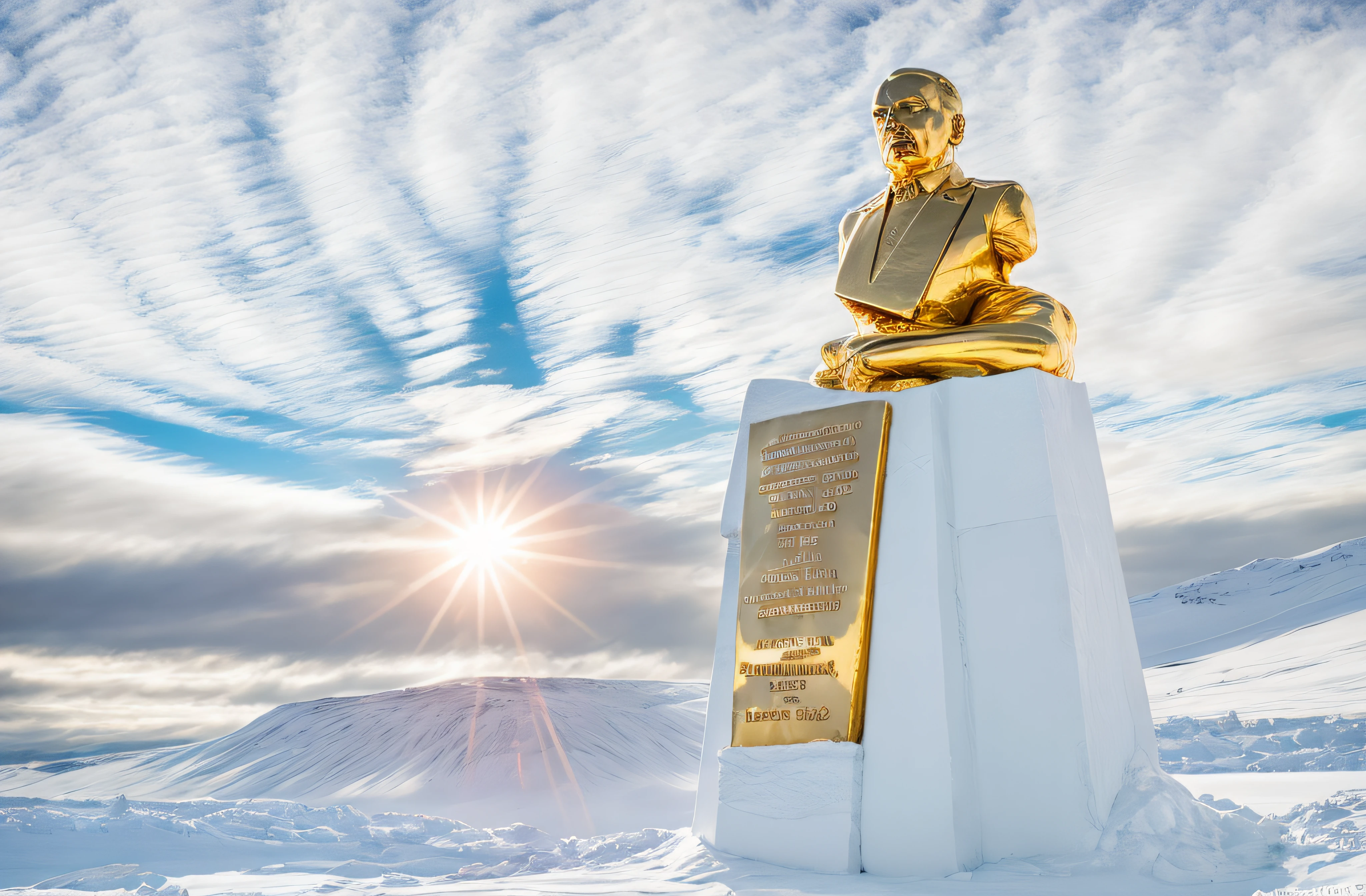 lenin's statue made of solid 24 carat gold, glistening in the polar sunlight