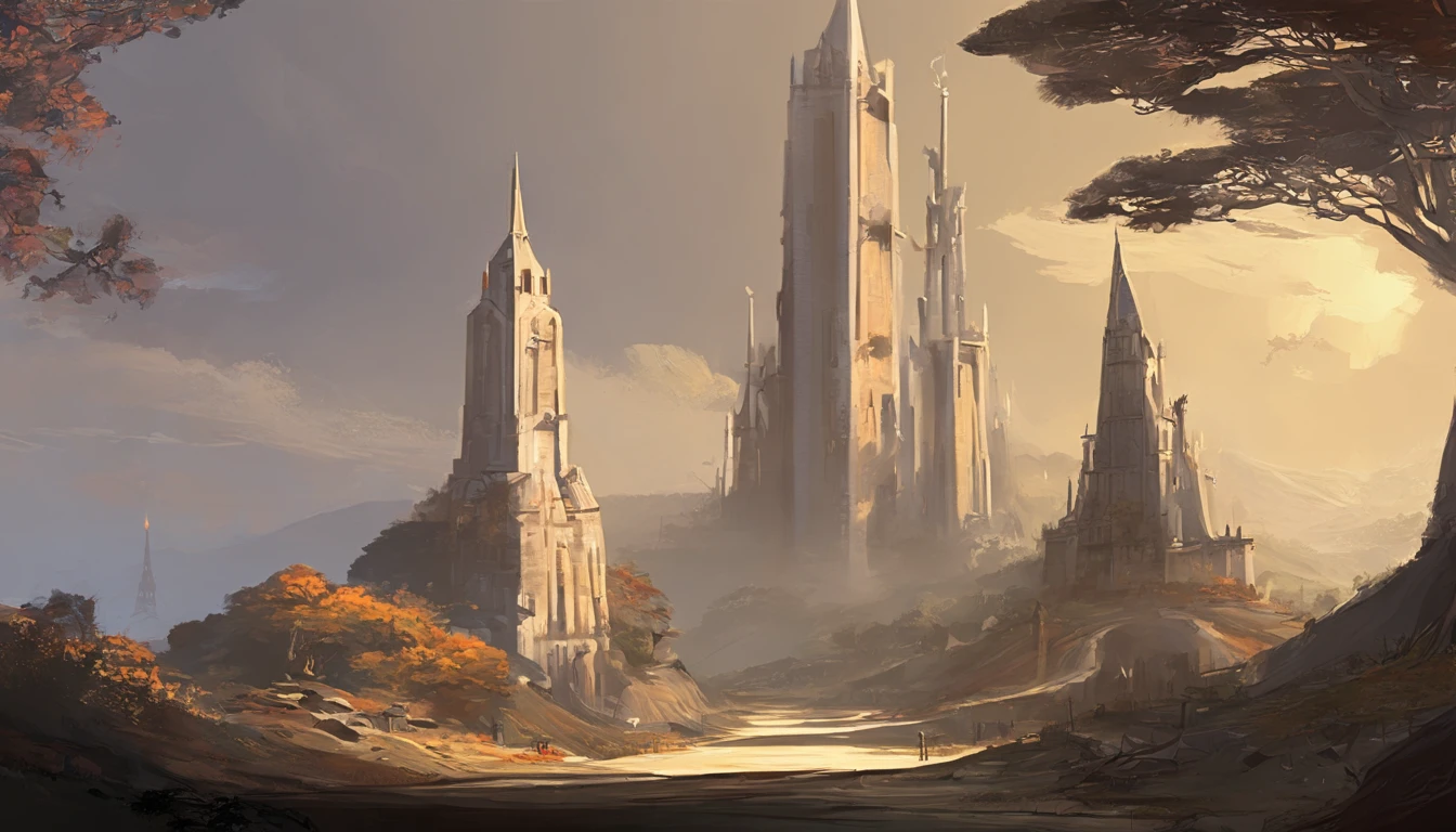 Rubia, Cinematic, Ultra realistic, --w 3840, --h2160, Perspective Photo, Draw more realistically, Walls around, The One Towers, See the tower at the end of the road, Inspired The Lord of the Rings, See the load,