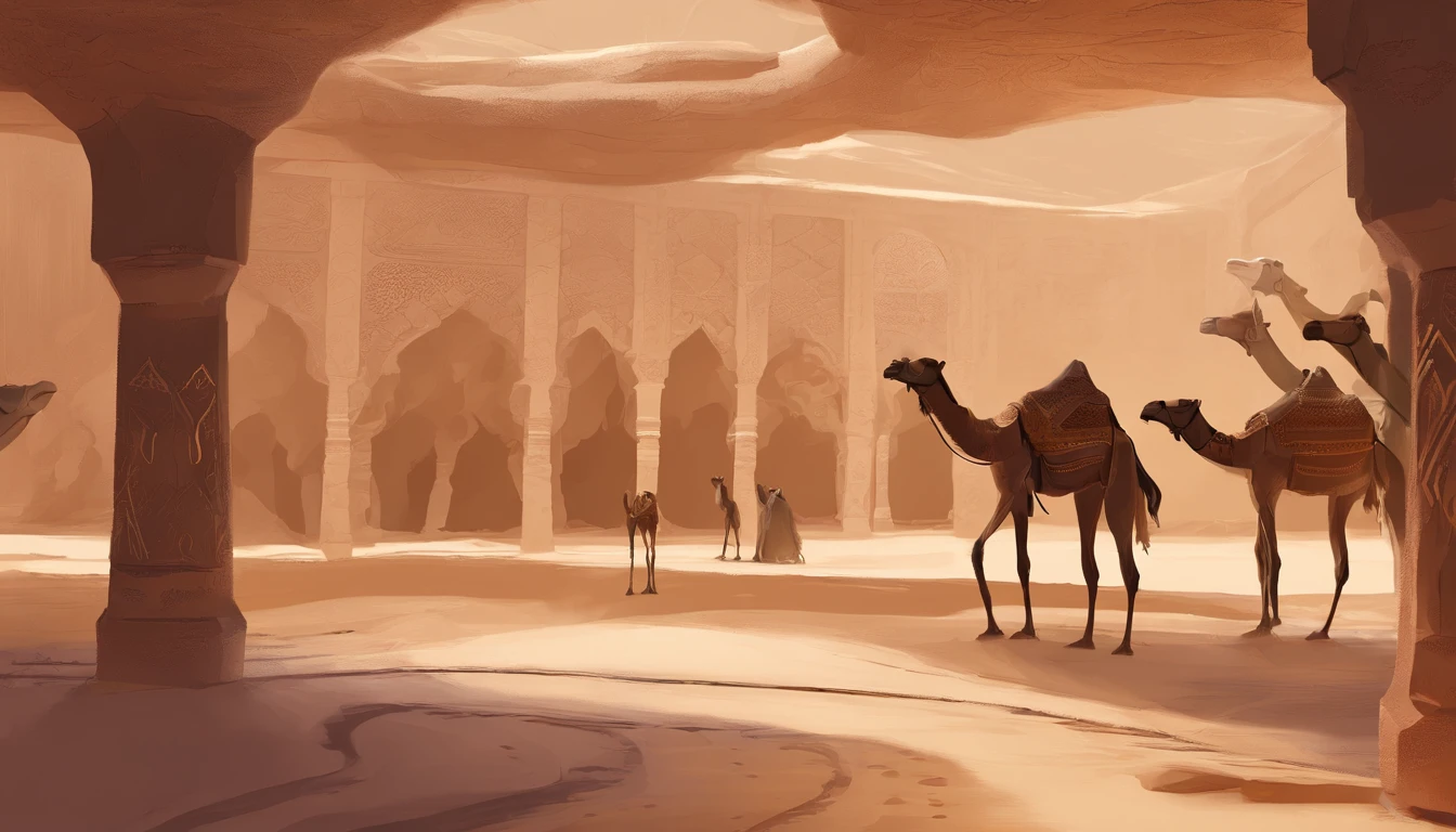 desert with camels projection on walls, borderless, rectangular mirror indoor space, with lights, traditional arabic patterns, rectangular indoor space, all four walls are projections, chill out, desert storm, UAE, the space is cut into an arabic desert, Arabic patterns, oasis with water and trees, exhibition, museum