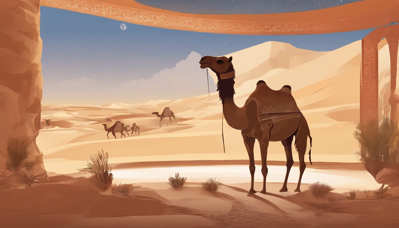 desert with camels projection on walls, borderless, rectangular mirror indoor space, with lights, traditional arabic patterns, rectangular indoor space, all four walls are projections, chill out, desert storm, UAE, the space is cut into an arabic desert, Arabic patterns, oasis with water and trees, exhibition, museum