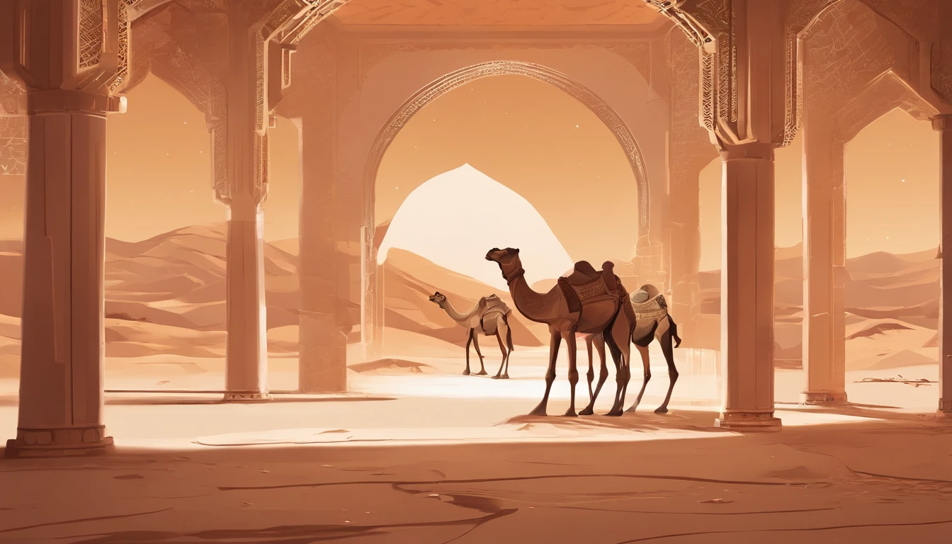 desert with camels projection on walls, borderless, rectangular mirror indoor space, with lights, traditional arabic patterns, rectangular indoor space, all four walls are projections, chill out, desert storm, UAE, the space is cut into an arabic desert, Arabic patterns, oasis with water and trees, exhibition, museum