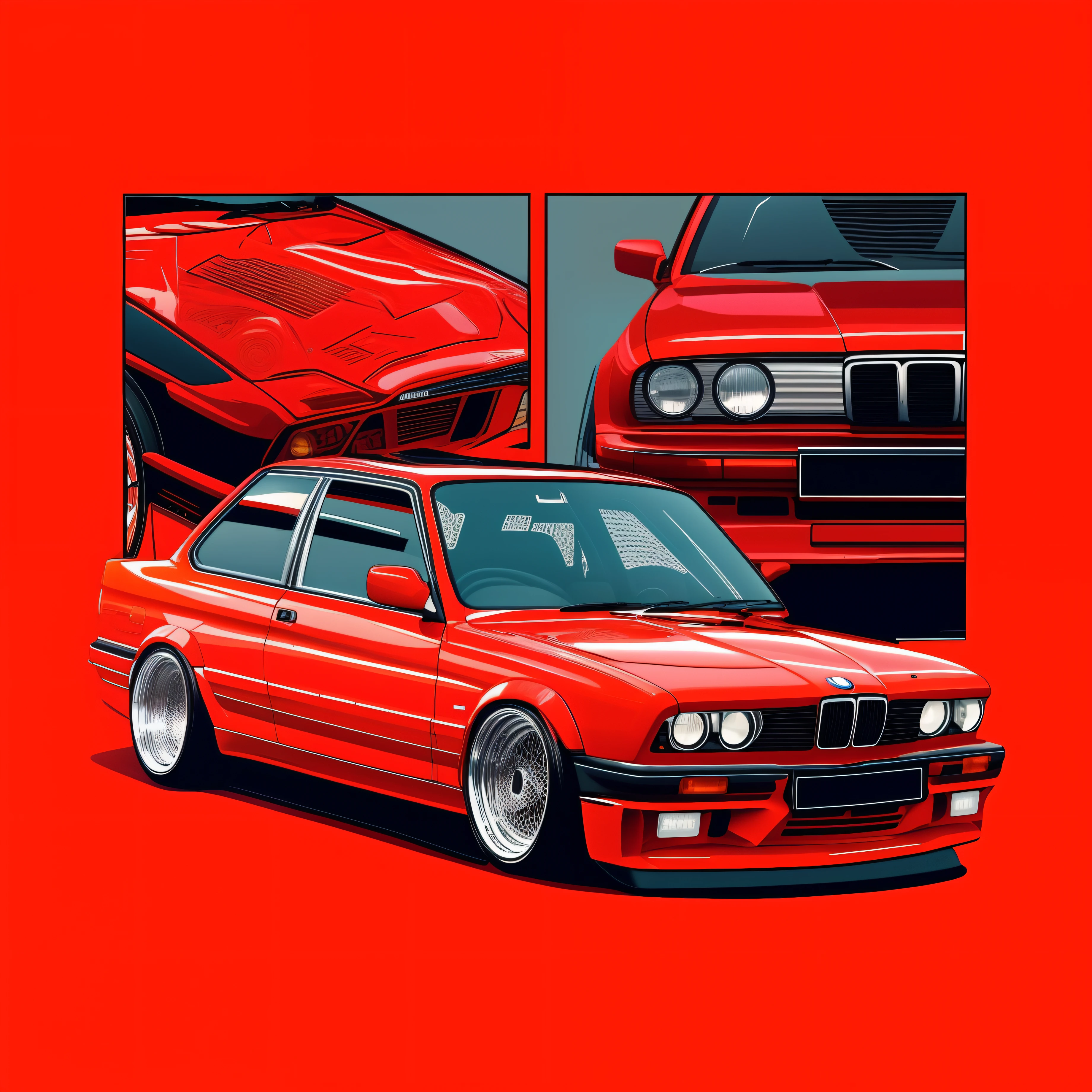 a close up of a red car with a hood open and a picture of a car with a hood open, bmw e 3 0, bmw e30, detailed vectorart, striking detailed artstyle, hyper detail illustration, 1 : 1 hyper illustration, hyper detailed masterpiece, extremely hyper detailed, in style of digital illustration, high contrast illustration, highly detailed vector art