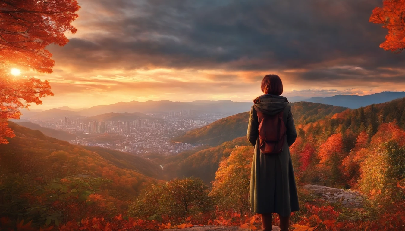 realisitic，A vast city spreads out、The sun rises over the skyscraper army、The morning sun is beautiful、Horizon，composed々The sky is getting brighter、Huge autumn clouds、Vibrant colors、Girl watching from distant mountain top