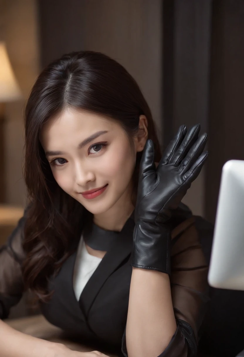 Wearing black leather gloves on both hands, Upper body, Black business suit, Facing the desk in my room with a computer in the dark, Look down and smile, Operating the computer with the fingertips of black leather gloves, Black hair was tied back for a long time, Japan female new employee who is still young and very cute (Black leather gloves cover both hands)kindly smile