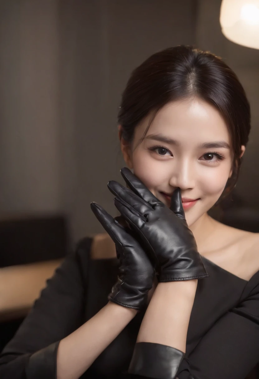 Wearing black leather gloves on both hands, Upper body, Black business suit, Facing the desk in my room with a computer in the dark, Look down and smile, Operating the computer with the fingertips of black leather gloves, Black hair was tied back for a long time, Japan female new employee who is still young and very cute (Black leather gloves cover both hands)kindly smile