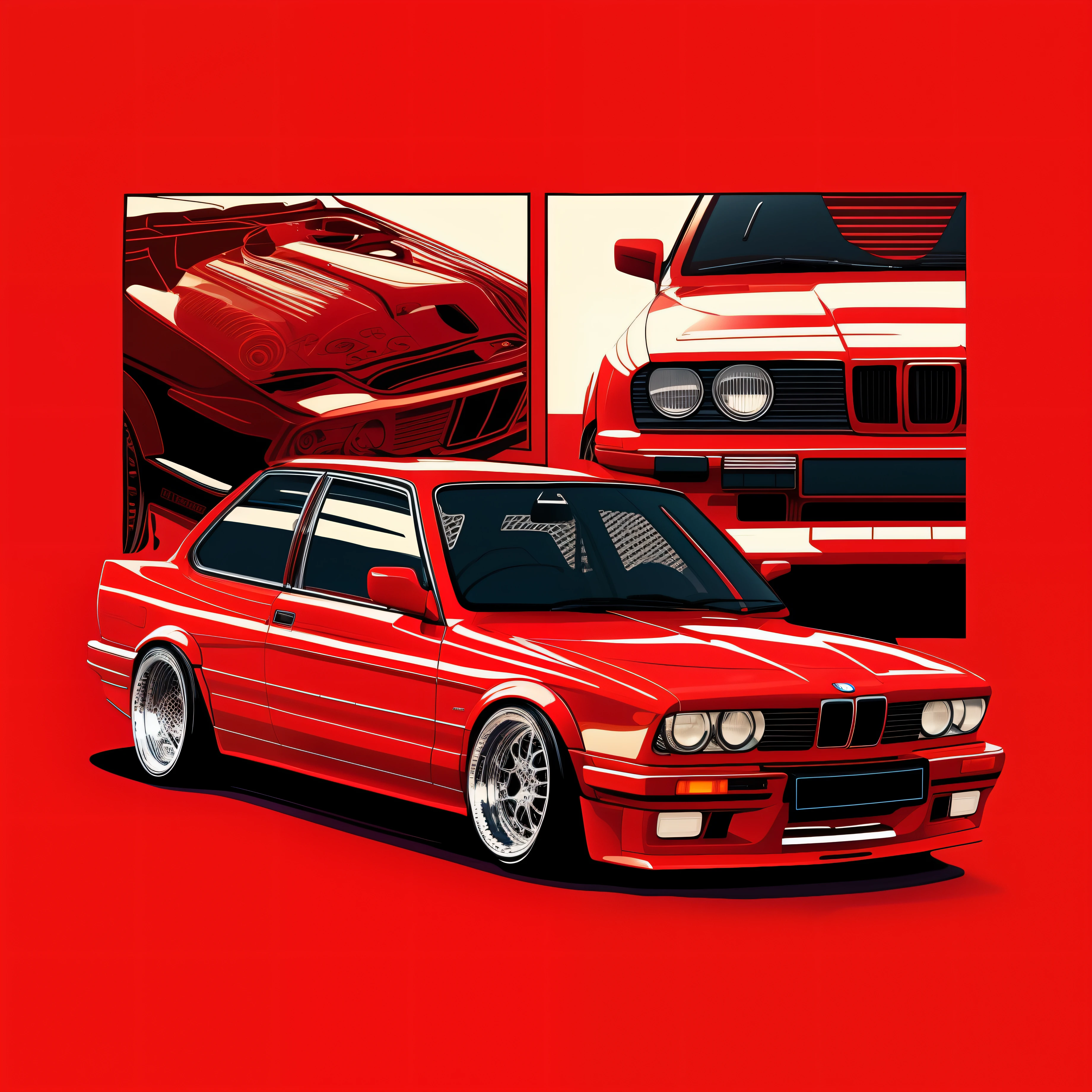 a close up of a red car with a hood open and a picture of a car with a hood open, bmw e 3 0, bmw e30, detailed vectorart, striking detailed artstyle, hyper detail illustration, 1 : 1 hyper illustration, hyper detailed masterpiece, extremely hyper detailed, in style of digital illustration, high contrast illustration, highly detailed vector art