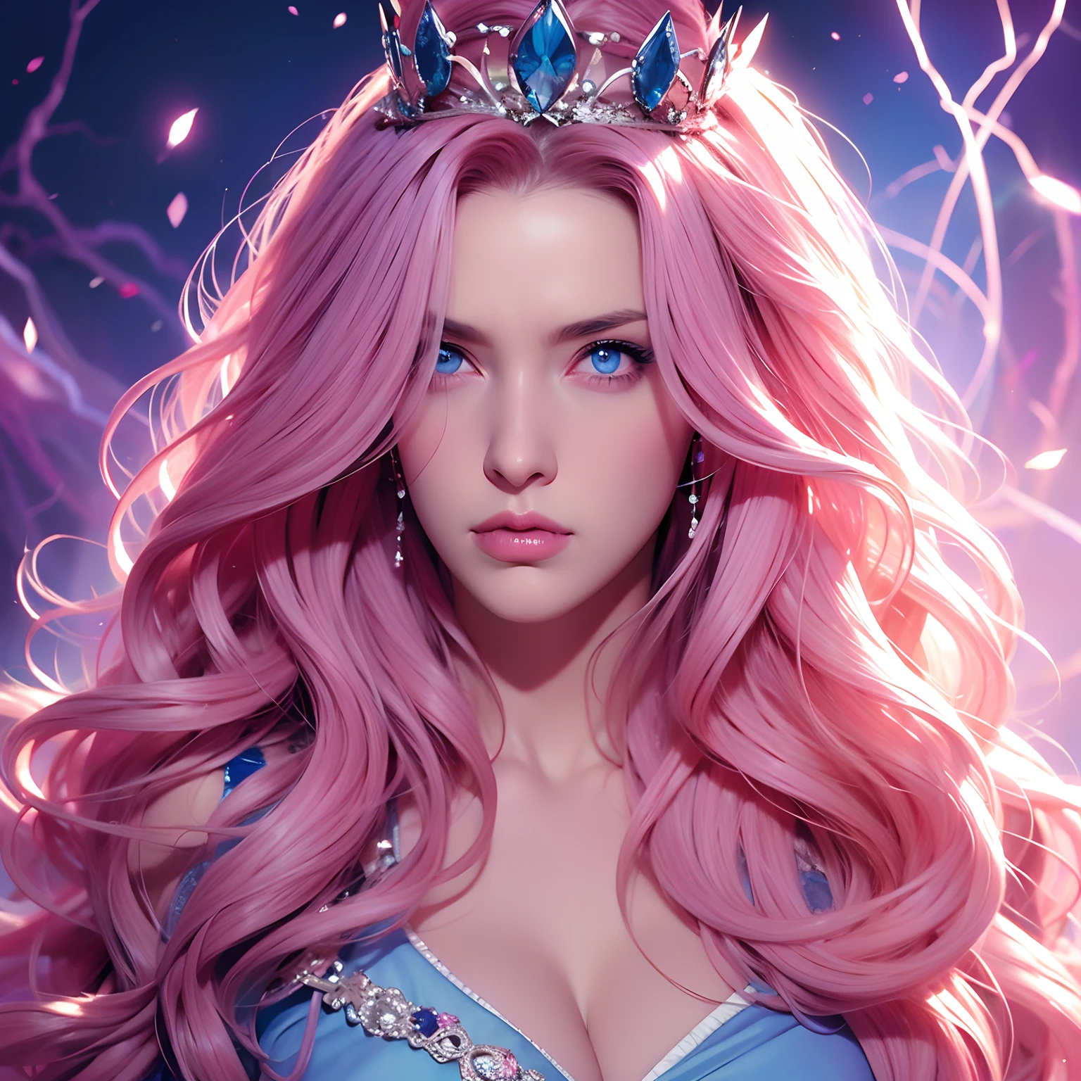 a woman, long curly hair, pink hair, blue eyes, Queen, Empowered background, magical, powerful, serious, angry, crown on head, sensual, powers