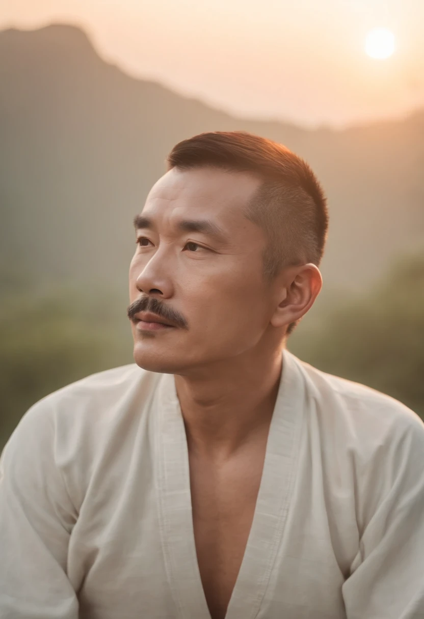 Chinese men,Close your eyes,white mustache, sitting in a meditation position, As the sun sets, Related to the sacred, Portrait photos, 8K surrealism,